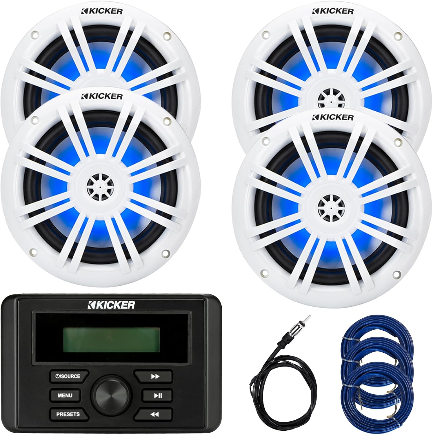 Kicker KMC3 Weather-Resistant Gauge-Style USB AM/FM Bluetooth Digital Media Receiver, 4X 6.5 150 Watts Max Power 4 ohms RGB LED Boat Coaxial Speakers, 22" Radio Antenna, 3X 20 Feet 16G Speaker Wire