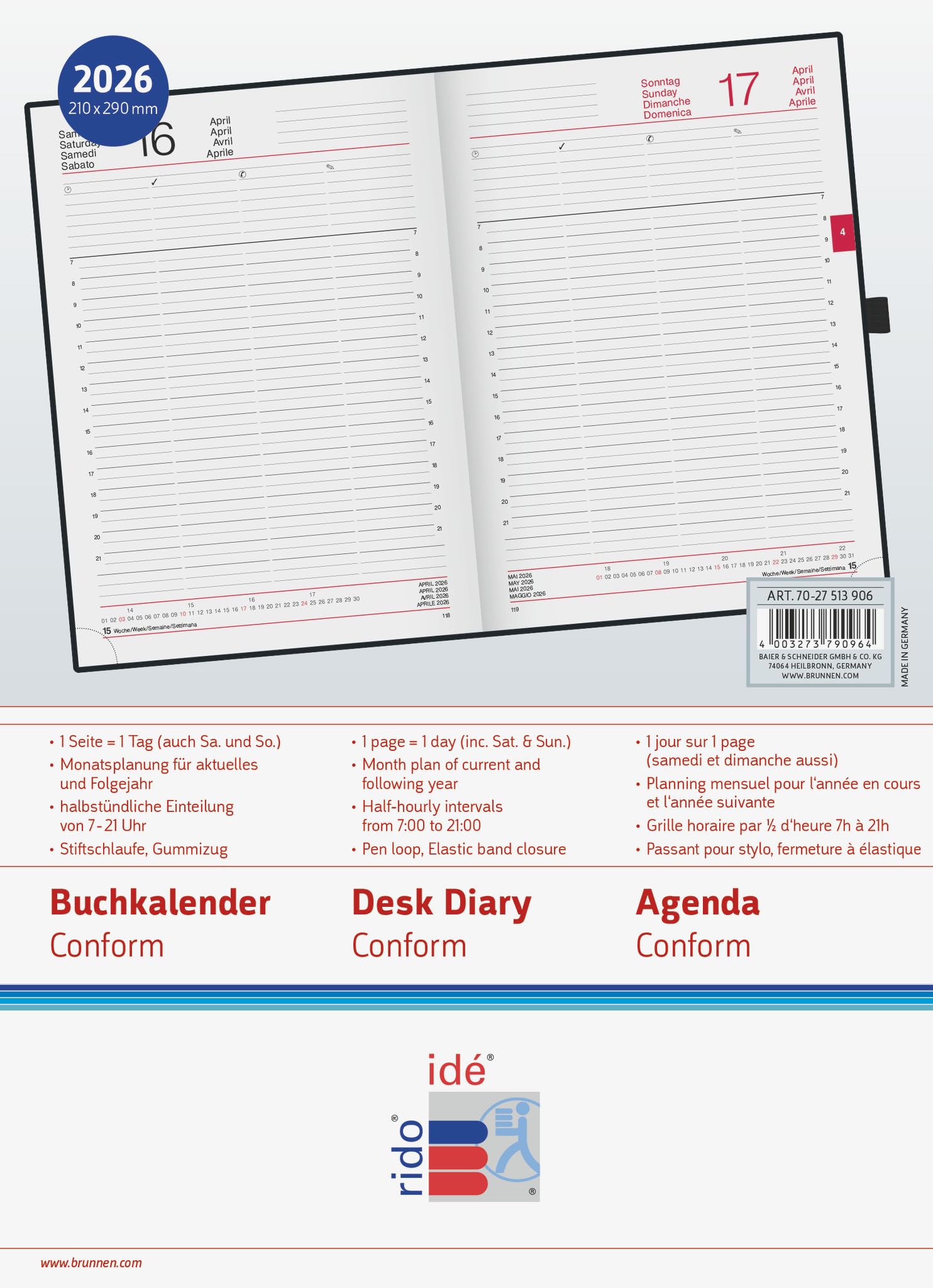 rido/idé Buchkalender Mod. Conform 2026 | A4, Kunststoff, schwarz