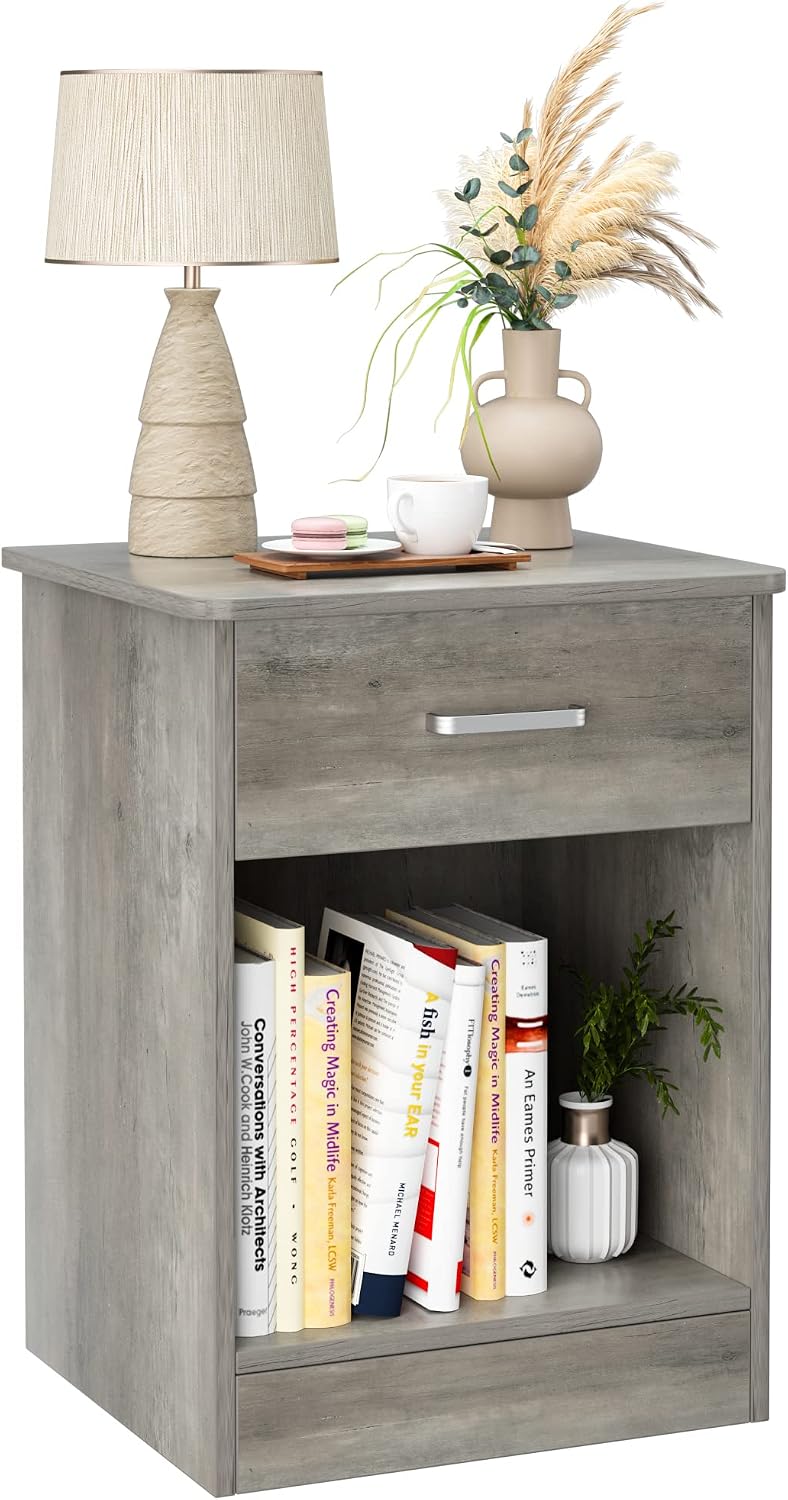 HHS Nightstand 2 Tier, Bedroom End Table Sofa Side Table with Drawer and Storage Cabinet (Vintage Gray)