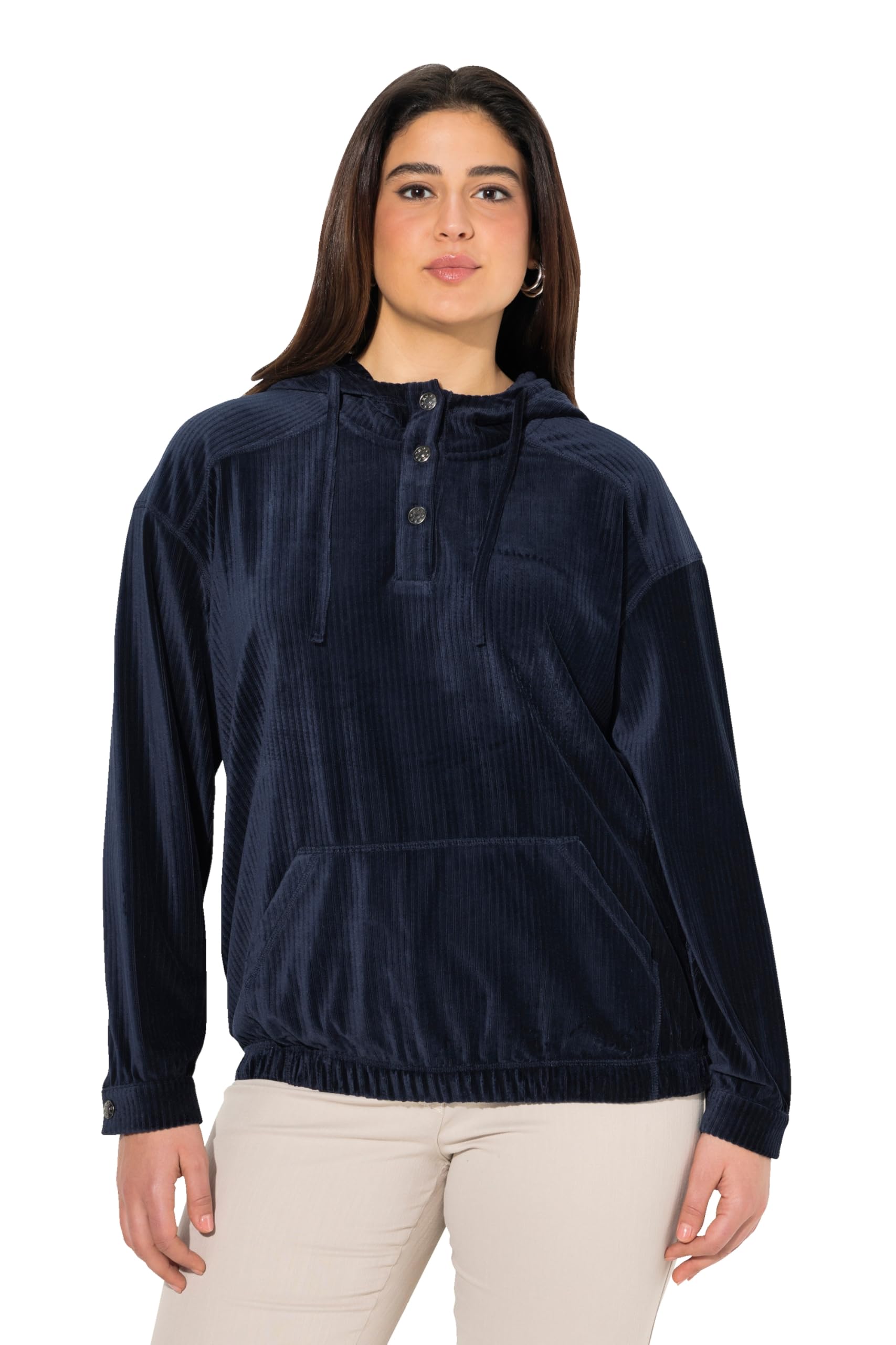 Ulla Popken Damen große Größen Übergrößen Plus Size Cord-Hoodie, Oversized, Kapuze, Langarm, Gummisaum 831770