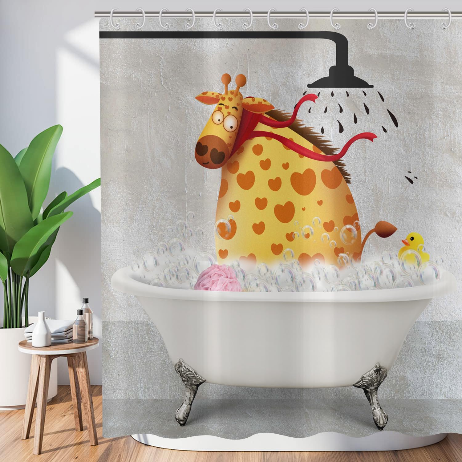 Divertente tenda da doccia 180 x 200 cm, sfondo vintage divertente giraffa anatra da bagno bagno per bambini tende da doccia lavabili in tessuto per tenda doccia impermeabile con 12 ganci