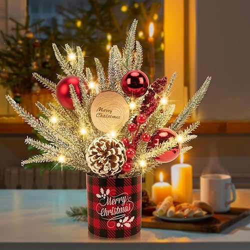 GTIDEA Pequeño árbol de Navidad con luces, mini árbol de Navidad artificial de mesa de 13.4 pulgadas con adornos de bolas de Navidad, conos de pino