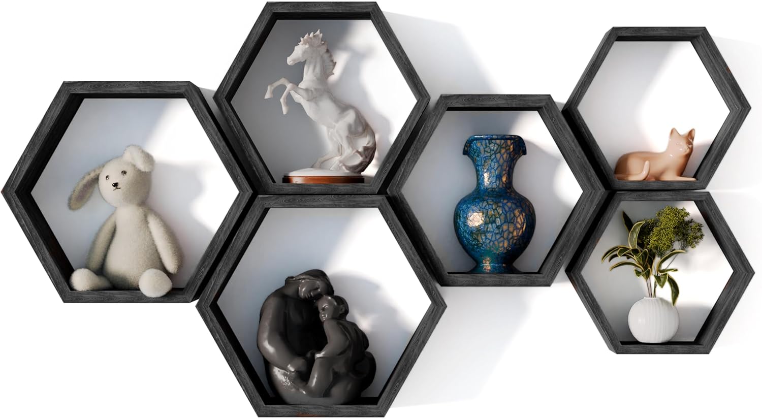 Hexagon Floating Shelves Set of 6 Honeycomb Shelves for Wall, Wooden Hexagon Shelves for Farmhouse Storage.