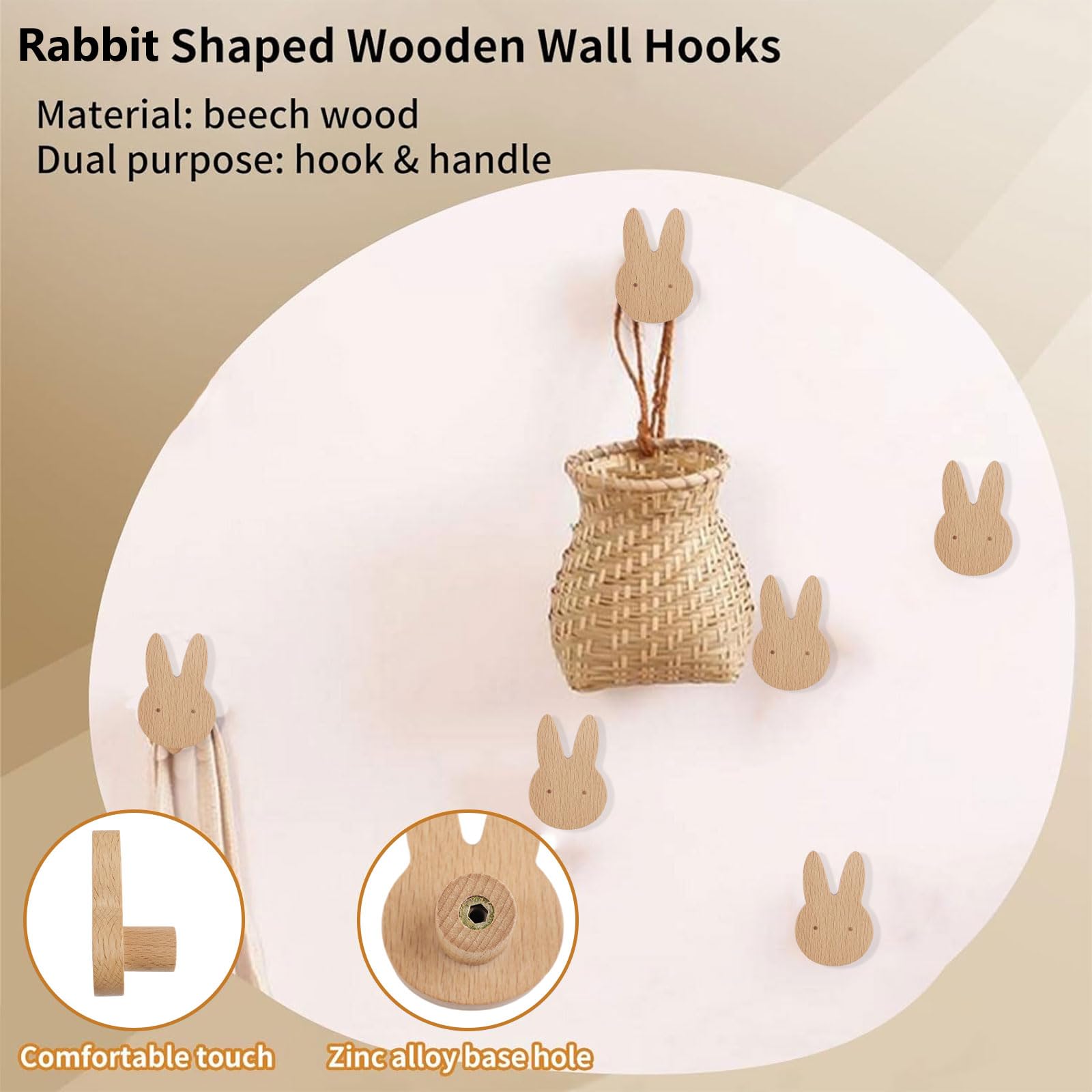 MOROBOR 6PCS Rabbit Shaped Wooden Knobs Single Hole Beech Wood Handles Wood Cupboard Cabinet Handles Knobs for Chest of Drawers with Screws& Expansion Tube - Image 3