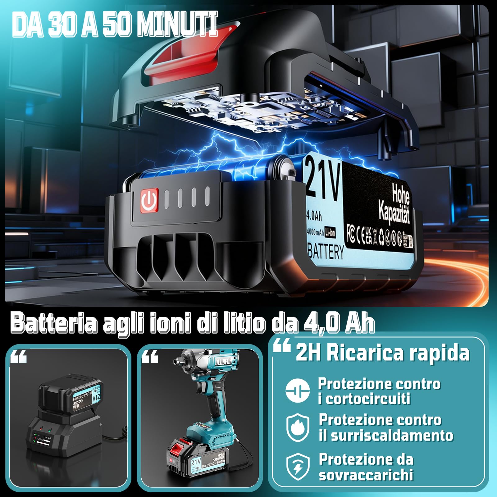 Avvitatore a Impulsi Brushless, 500 Nm Avvitatore a Impulsi a Batteria, 1/2" Trapano a Impulsi Brushless, 3-in-1, con Batterie da 4,0 Ah e Caricabatterie, 6 Bussole