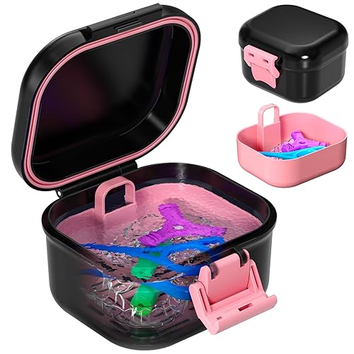 Estuche de dentadura a prueba de fugas, estuche limpiador portátil con colador, caja de limpieza de bloqueo seguro para dentaduras postizas y