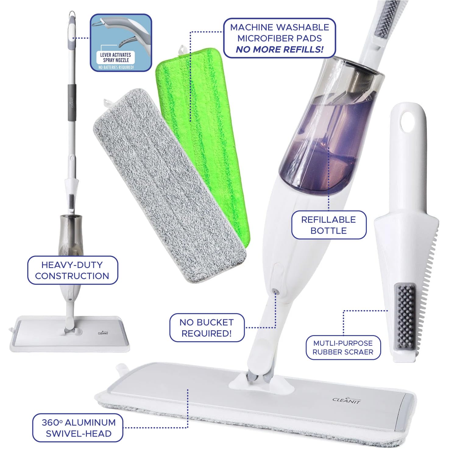 Don Aslett's Spray Mop Plus+ for Floor Cleaning| 360° Rotatable Head | Reusable Microfiber Pad | Rubber Scraper | Refillable | Cleaning Pods | All Floor Types Including Laminate, Hardwood, Tile