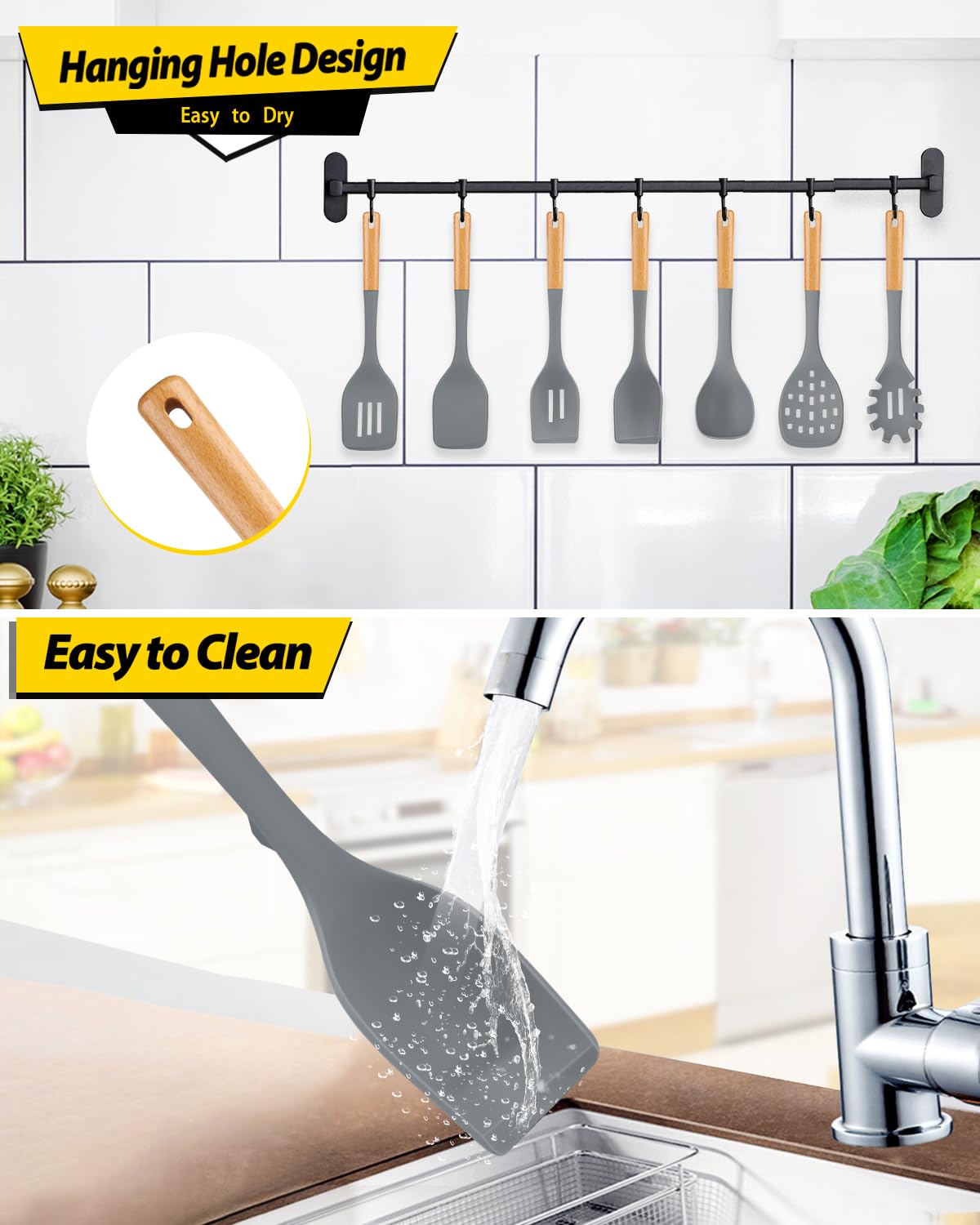 Set di utensili da cucina in silicone per pentole non appiccicose, 7 pentole resistenti al calore con manico in legno, utensili da cucina senza BPA, con spatole, cucchiai, skimmer e forchetta per