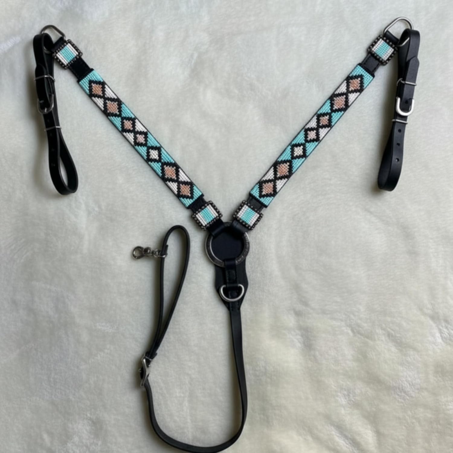 Western Premium Leather Equestrian Headstall, Breast Collar, Reins & Wither Straps - H Beaded Design, Full Size IA60