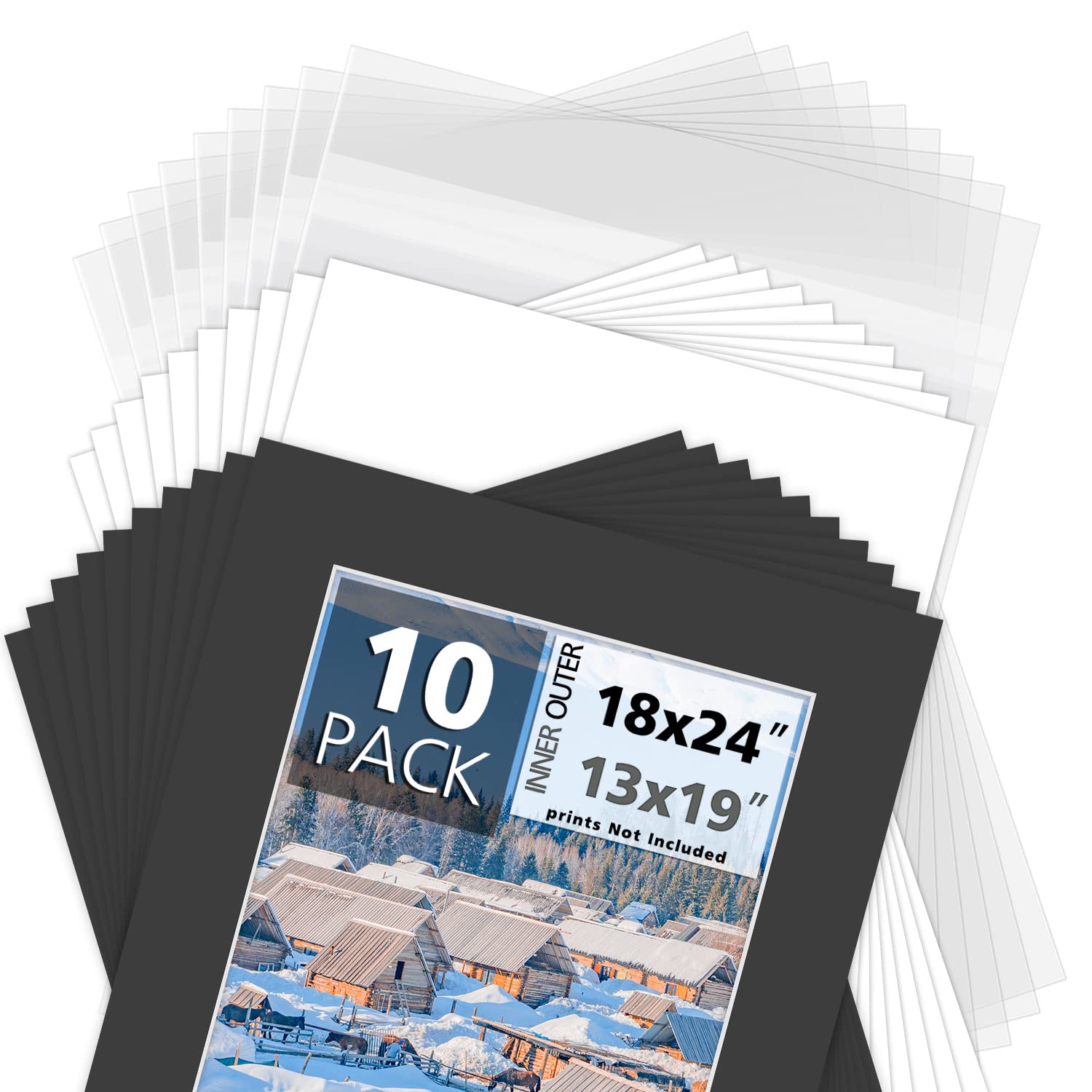 MBC MAT BOARD CENTER, Pack of 10-18x24 Pre-Cut 13x19 - Black Mats - for Pictures, Photos, Framing - Kit Includes: 10 White Backboards and 10 Clear Bags - Acid Free, 4-ply Thickness, White Core-picture-12