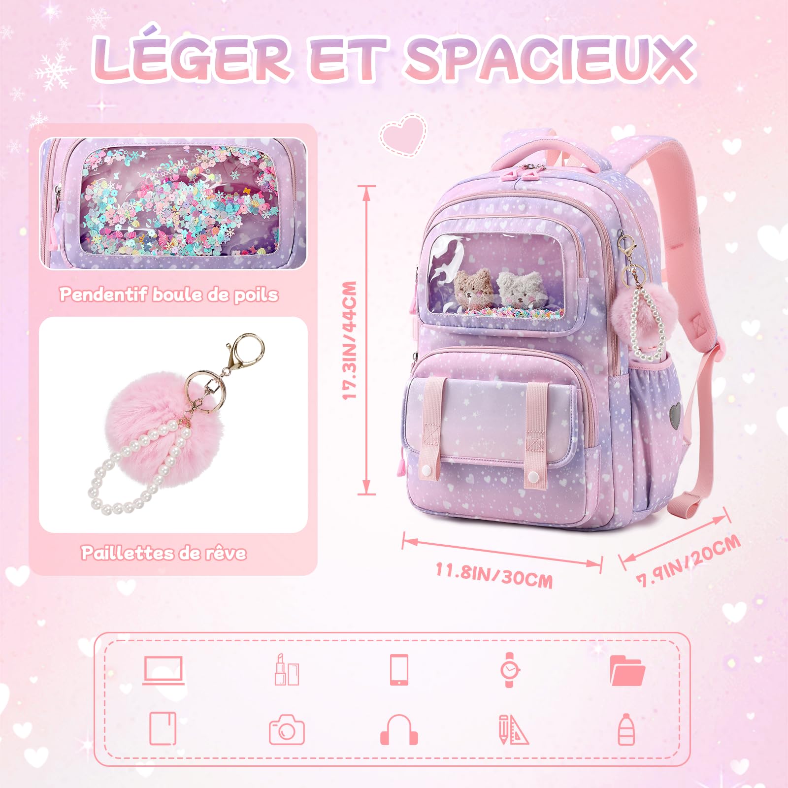 Sisipoet Sac à Dos Enfant Fille, Cartable Fille Primaire, Sac a Dos à Paillettes et Coeurs, Sacs à Dos Loisir Imperméable et Respirant avec Pompon pour L'école et Les Loisirs