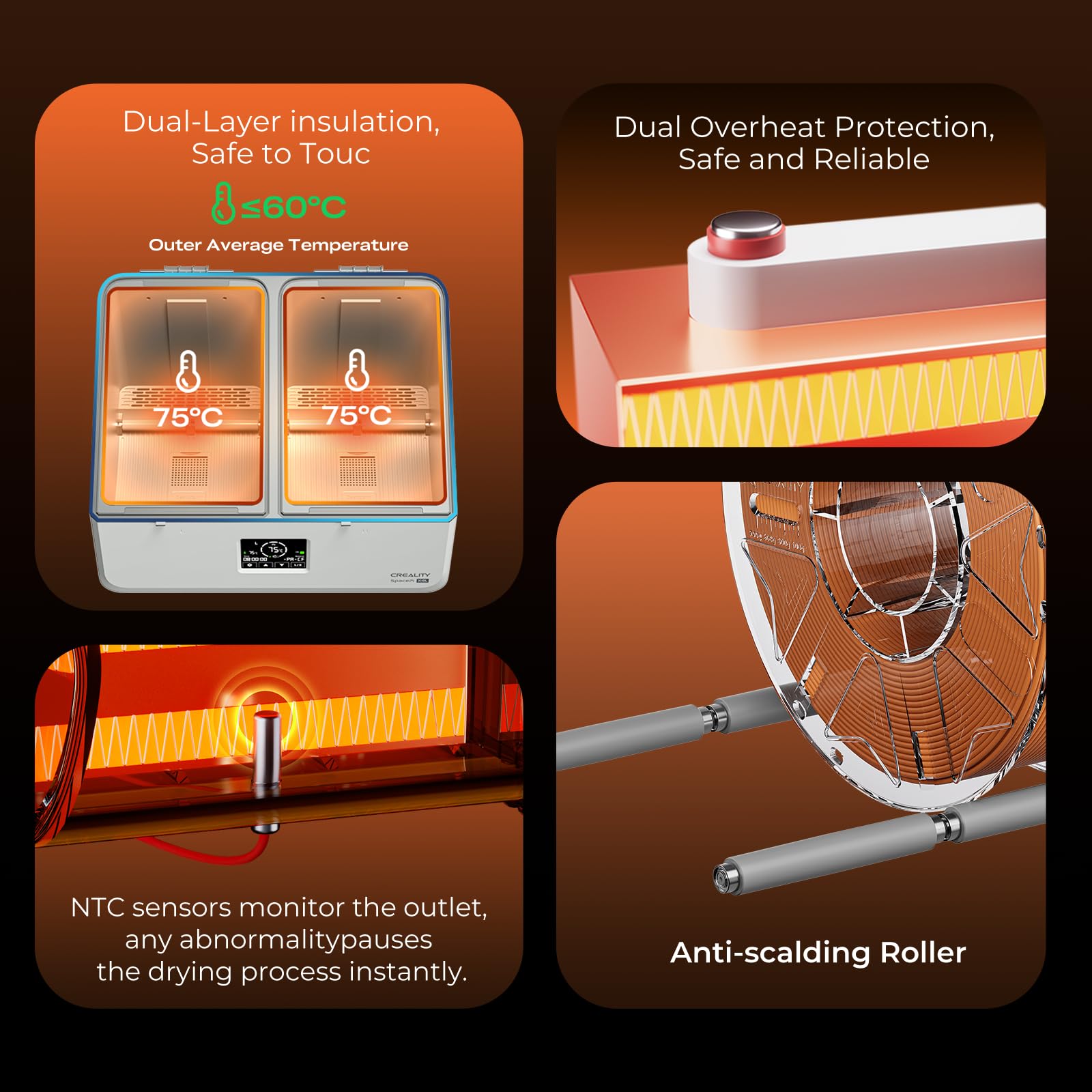 Creality Essiccatore Filamento per 4 Bobine, SpacePi X4L Filament Dryer, Doppie Camere di Riscaldamento Indipendenti, Temperatura fino a 75 °C, Touchscreen LCD, Box di Asciugatura per PLA PETG ABS TPU