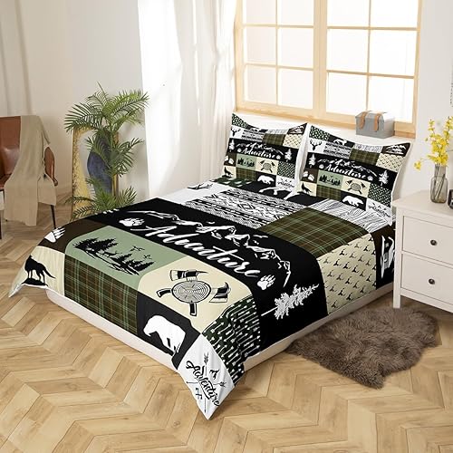 Miniatura 3 de Juego de ropa de cama rústica de tamaño King para adolescentes, diseño de oso ciervo, lobo, animales salvajes, funda de edredón con 2 fundas de