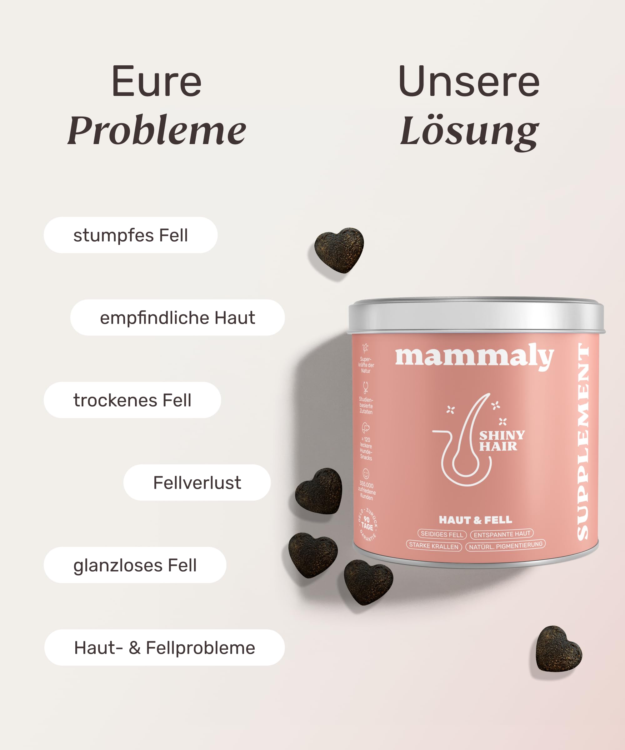 mammaly Fellpflege Leckerlis Hund mit Bierhefe & Biotin 350g - 120x Shiny Hair Snacks gegen Haarausfall & Juckreiz Hunde mit Probiotika - Vitamin Komplex (C, E, D3, Beta-Carotin, Zink)