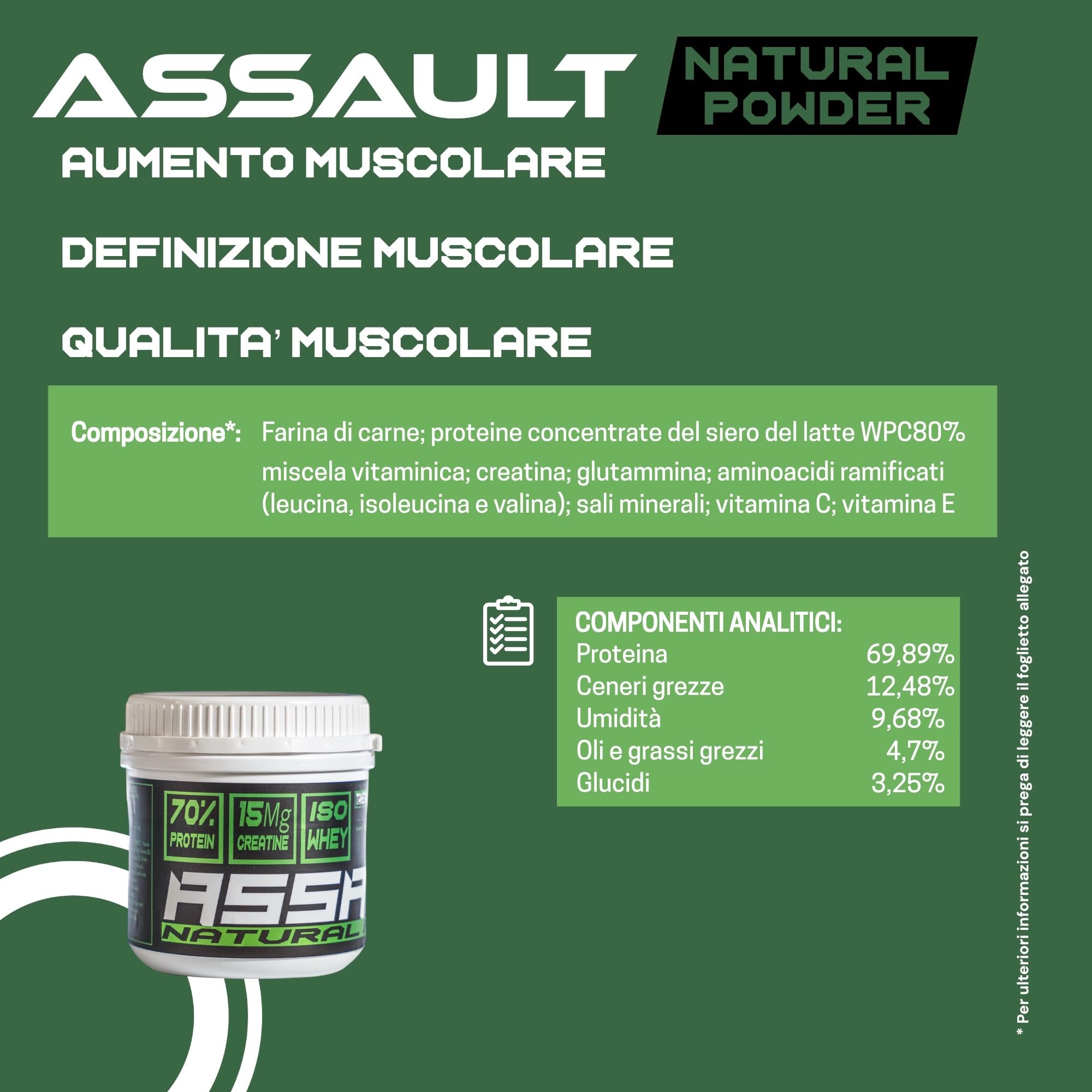 Assault Natural Powder 250 Integratore Muscolare per Cani, Proteine del Siero Concentrate W.P.C. 80%, Aminoacidi, B.C.A.A., Creatina 15.000mg, Crescita e Definizione Muscolare, Polvere