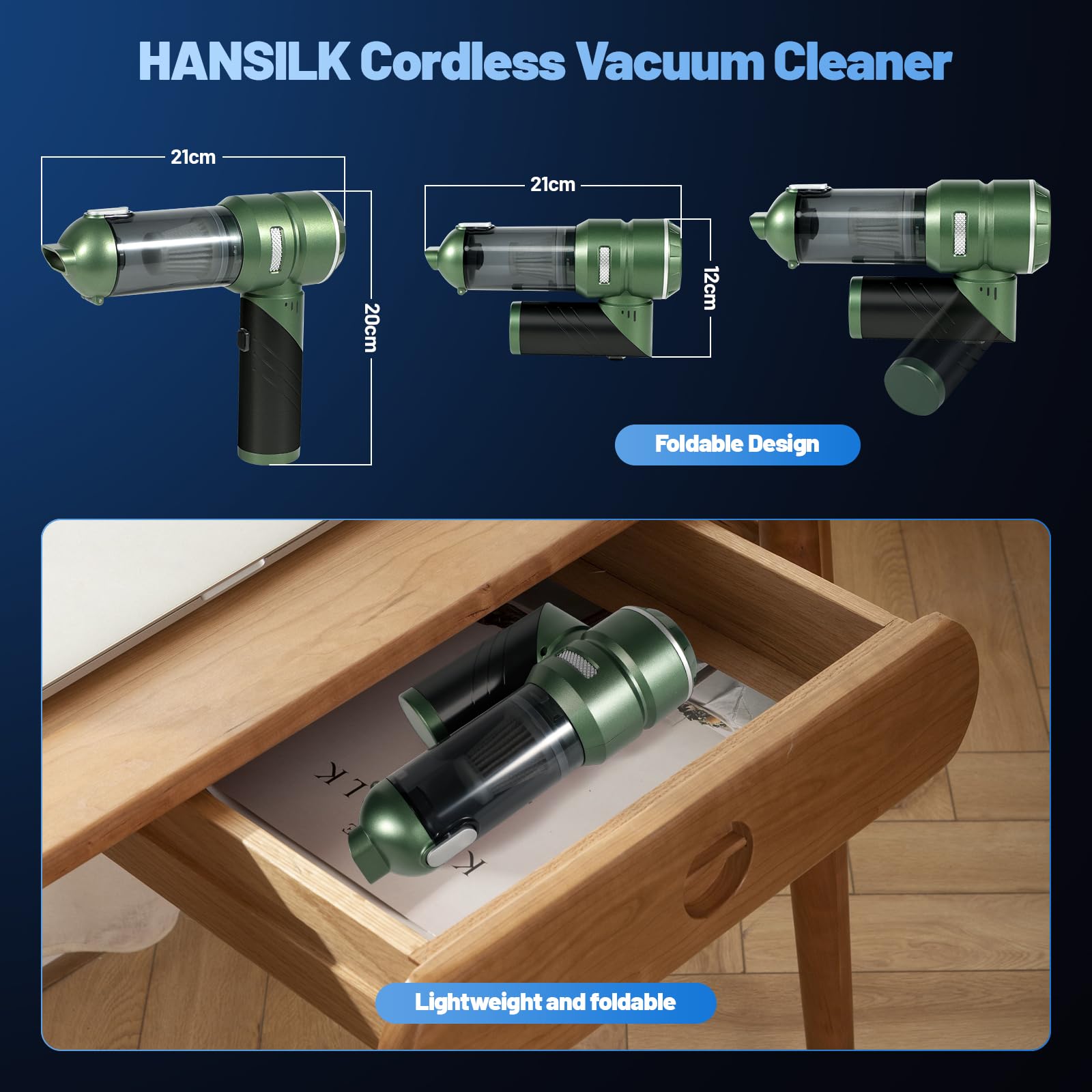 HANSILK Aspirabriciole Senza Fili 25000Pa Aspirapolvere Auto Portatile Potente con Funzione 4 in 1 Aspirazione Soffiaggio Gonfiaggio Svuotamento per Casa Ufficio Animali Cucina-Verde scuro