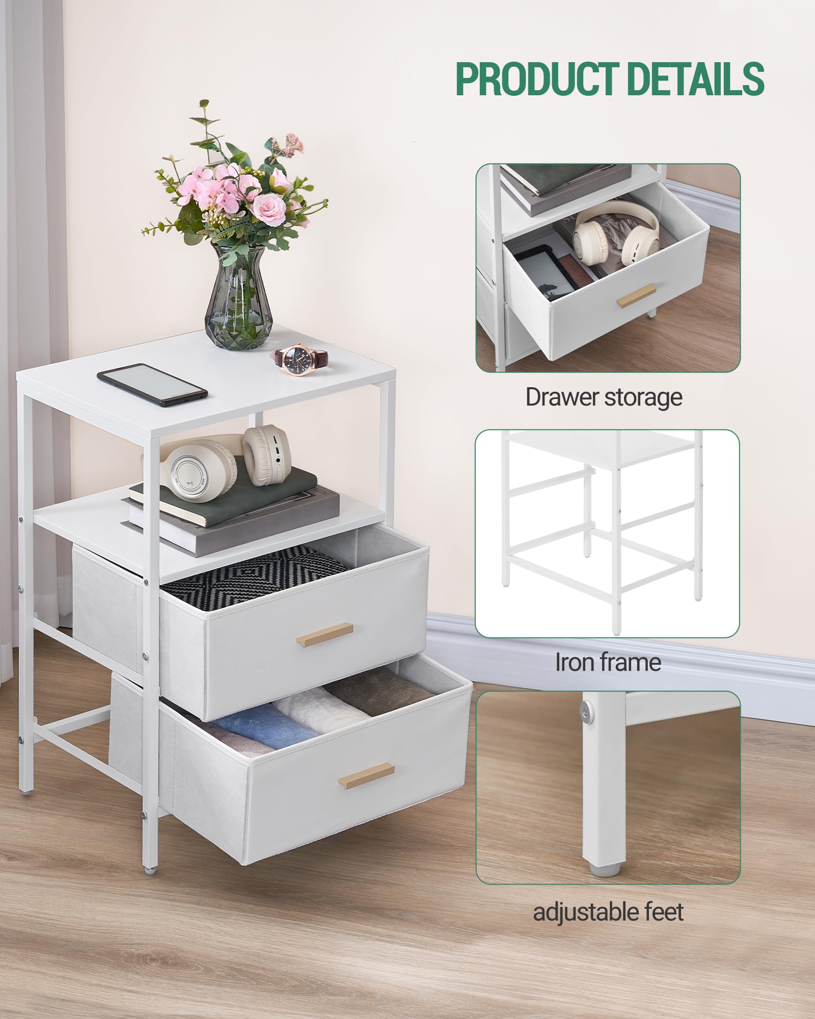 Hzuaneri Table De Chevet Lot De 2, Tables D'Appoint étroite Avec 2 Tiroirs, Table De Nuit Avec Compartiment Ouvert, Pour Espaces Étroits La Chambre à Coucher, Salon, Bois Blanc Grainé NS62213X