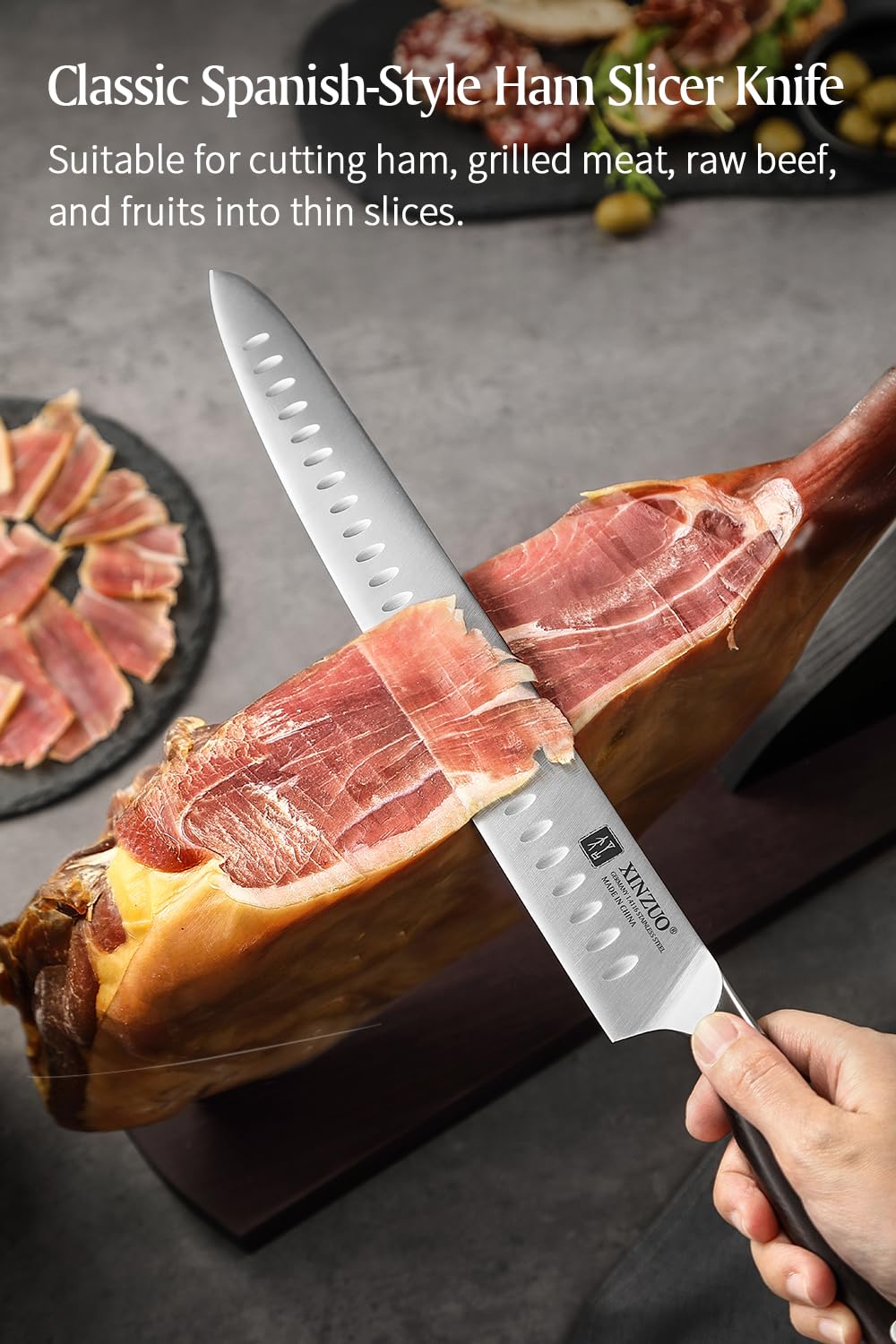 XINZUO Edelstahl 30cm Tranchiermesser, scharf Schinkenmesser Deutschem 1.4116 Edelstahl Küchen Brisketmesser,Profi Aufschnittmesser Koch Fleischmesser,Full Tang Griff Red Sandalwood,mit Geschenkbox