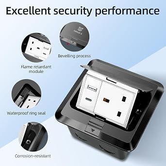 Pop Up Floor Socket Box with Waterproof Cover, Recessed Tabletop Power Outlet for Office Kitchen Restaurant, Customisable with 2 USB/USB-C/RJ45/Blank Ports (USB-A+USB-C, Black)