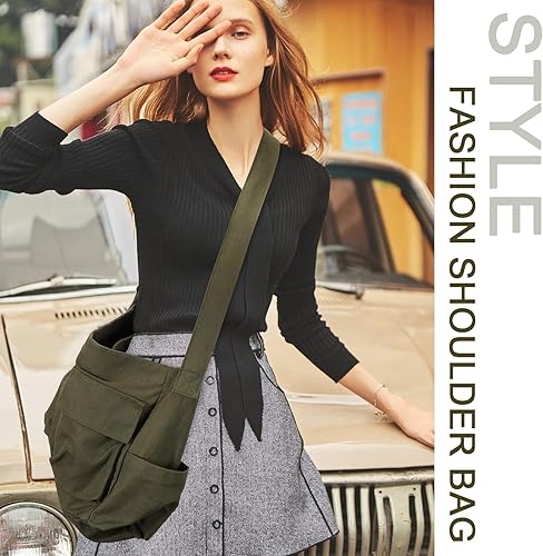 Miniatura 5 de Bolso bandolera de lona grande con múltiples bolsillos, bolso bandolera vintage escolar para mujeres y hombres