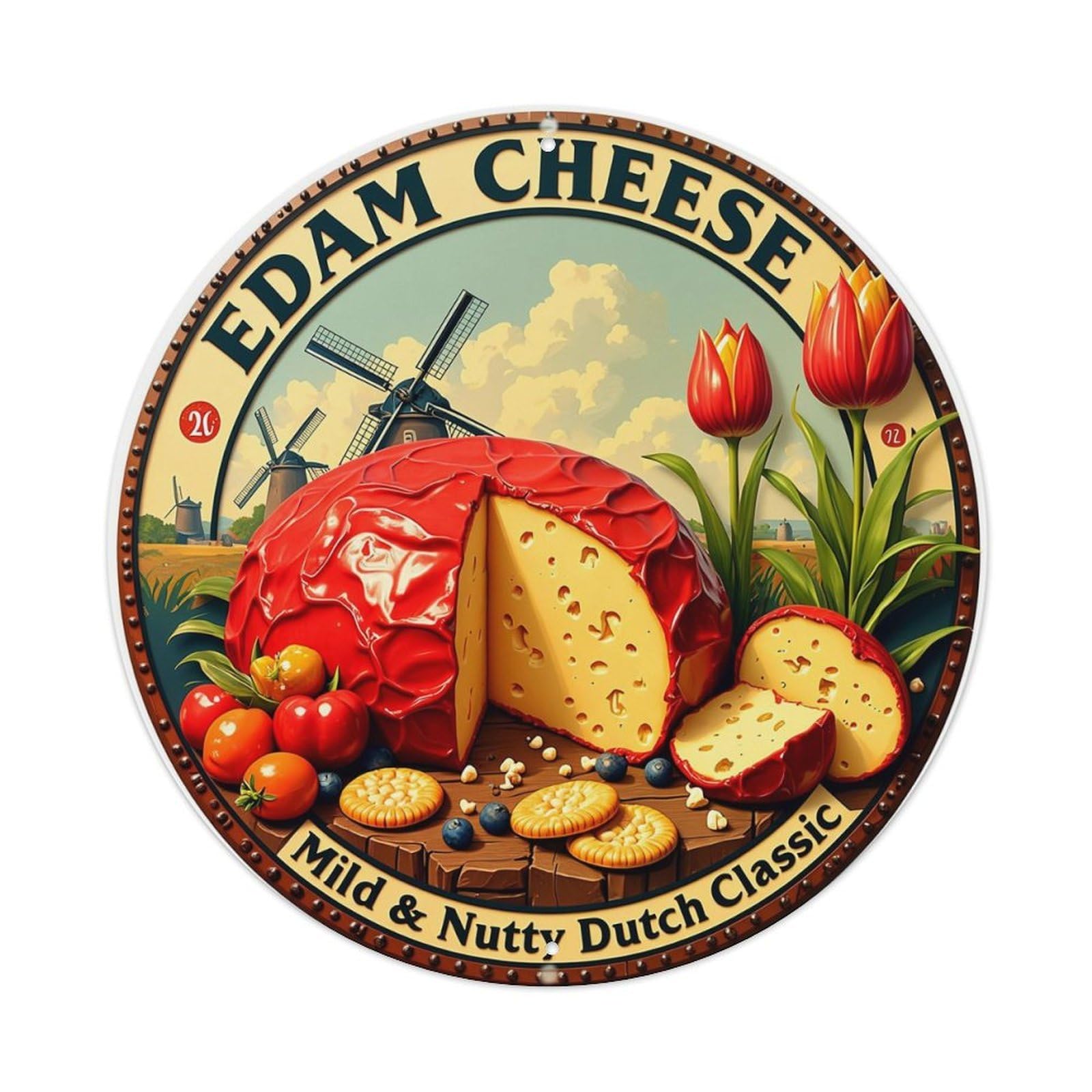 Edam Cheese Windmill Tulips Cheese Slices Vintage Round Tin Sign Retro Metal Wall Decor Metal Poster, Home Bar Garage Farmhouse Cafe Wall Art Decoration 8x8Inch