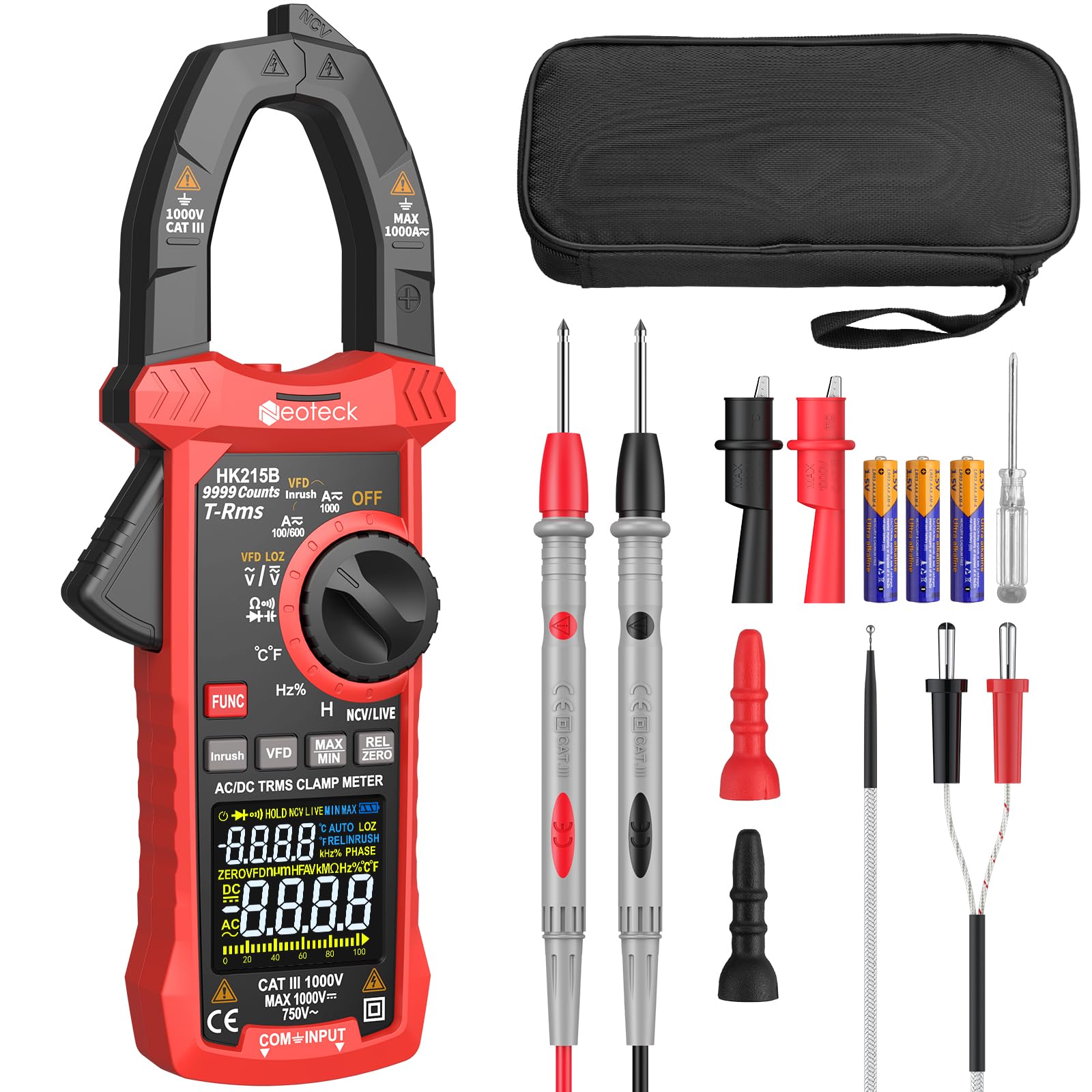 Neoteck Pinza Amperimétrica 9999Cuentas TRMS 1000A Pinza Multímetro con Modo de VFD&LOZ Multimetro Digital para Voltaje y Corriente AC/DC,NCV,Corriente de Irrupción, Inductancia,Resistencia,Diodo