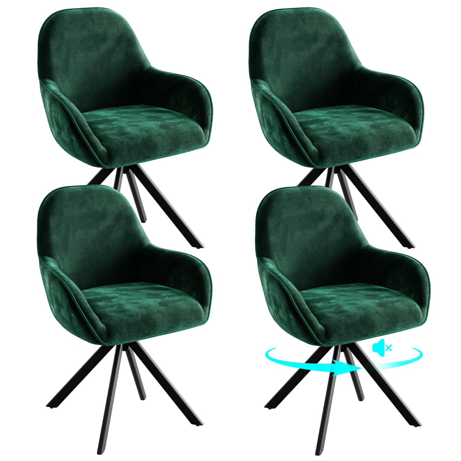 ELUCHANG Esszimmerstühle Drehbar 4er Set, 360° Drehstuhl mit Hohen Armlehnen und 10 cm Dickem Sitzkissen, aus Samt, bis 150 kg Belastbar für Esszimmer, Wohnzimmer, Büro, Grün