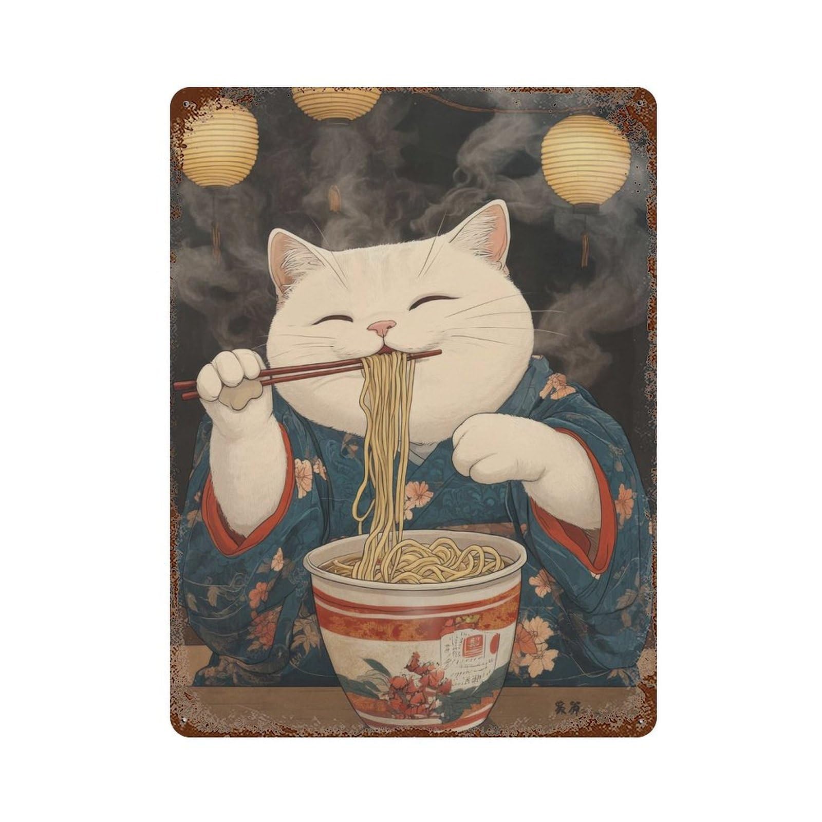 xiaoxiaoshen Japanese Cat in Kimono Eating Noodles Whimsical Asian Cute Feline Wall Decor Art Metal Tin Poster Modern Home Decor Art Home Bar Shop Decorations Vintage Sign 40x30cm