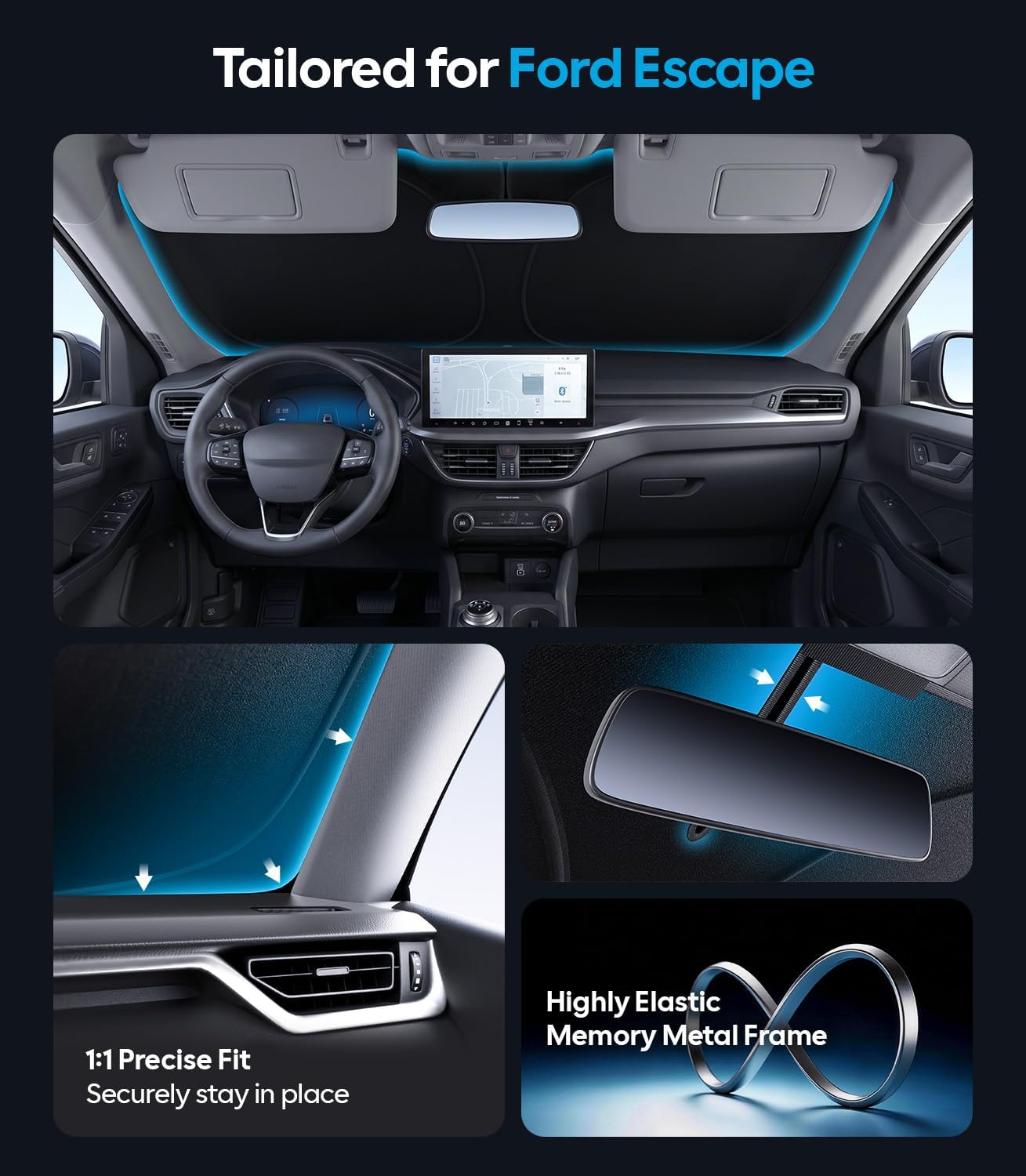 for Ford Escape Windshield Sunshade [OEM Design, 100% Sun Blockage] Foldable Heat Insulation Sun Shade with Storage Bag, for Ford Escape (2020-2026), Silver Coating