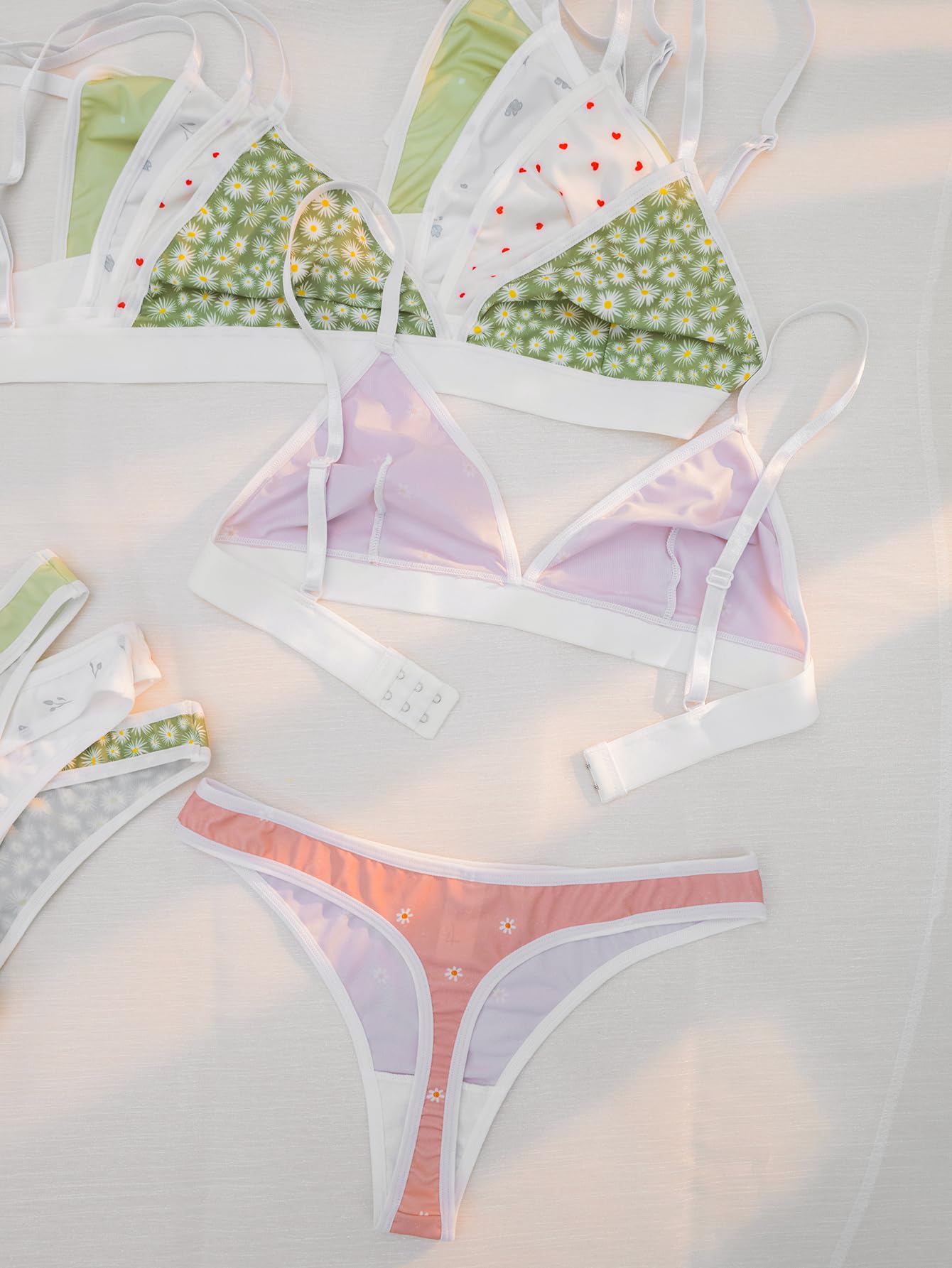 BEAUDRM Women's 5 Sets Matching Bra and Panty Set Polka Dots Print Lingerie Set Triangle Bralettes and Low Rise Thong Set