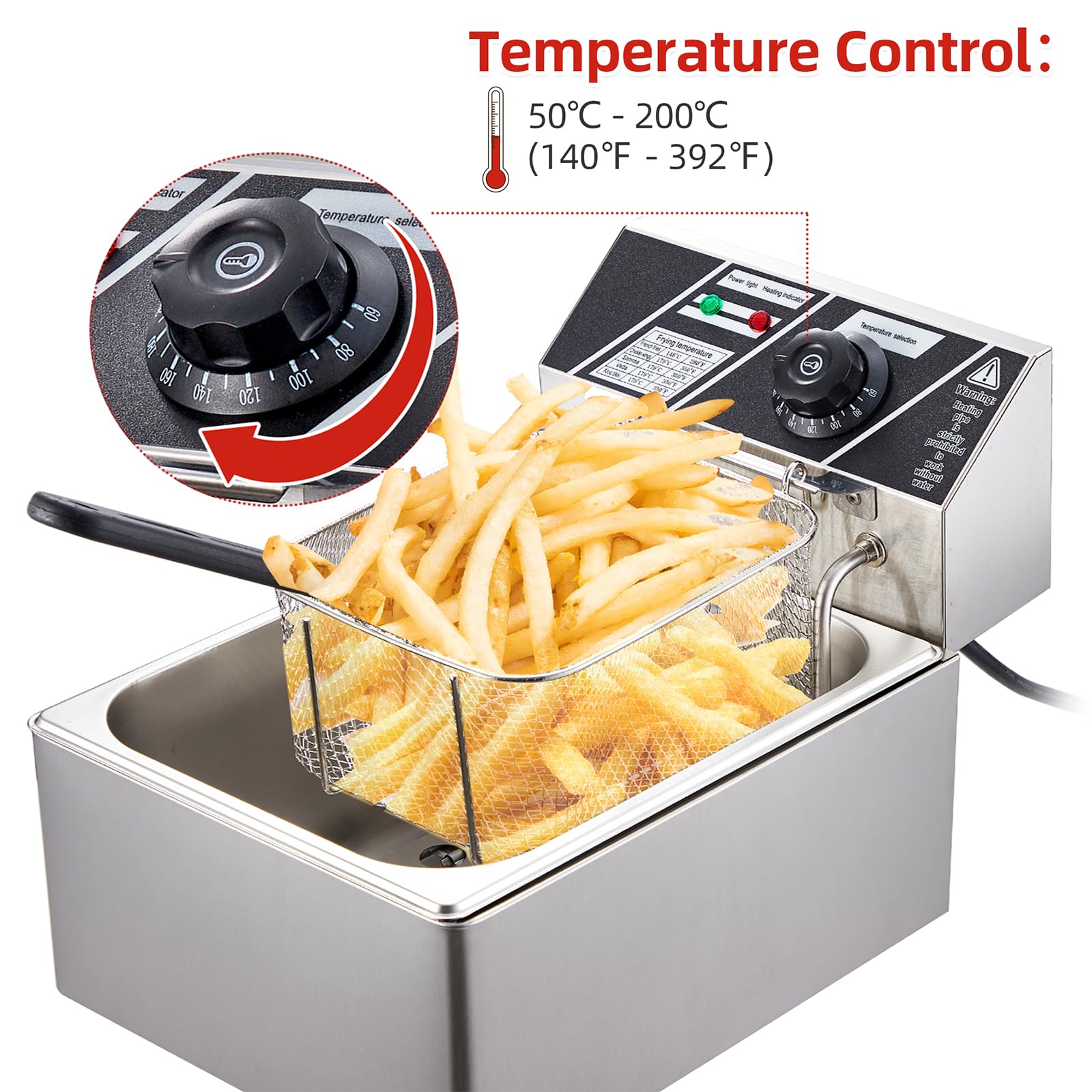 RIEDHOFF Electric Deep Fryer, 6 L/5.4 Qts Deep Fryer with Basket, Adjustable Temperature Control,Perfect for Fried Buffalo Wings, Shrimp, Nuggets, Chips & More,Stainless Steel,Sliver