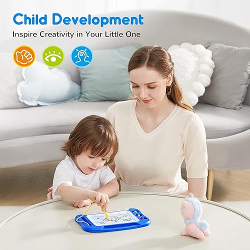 Miniatura 20 de SGILE - Pizarra magnética borrable para dibujo con bolígrafo magnético, colorido bloc de dibujo con tres sellos, juguete educativo para niños Azul