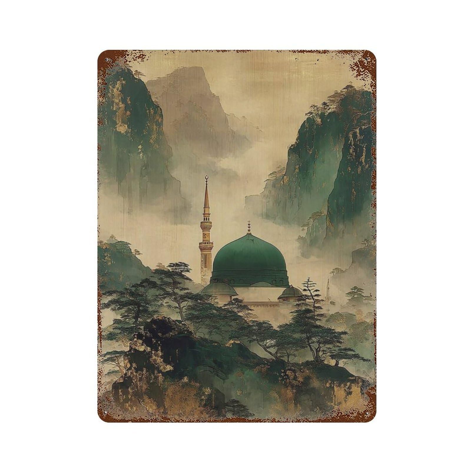 xiaoxiaoshen Ottoman Mosque Mountain Misty Green Landscape Islamic Architecture Nature Wall Decor Art Metal Tin Poster Modern Home Decor Art Home Bar Shop Decorations Vintage Sign 40x30cm