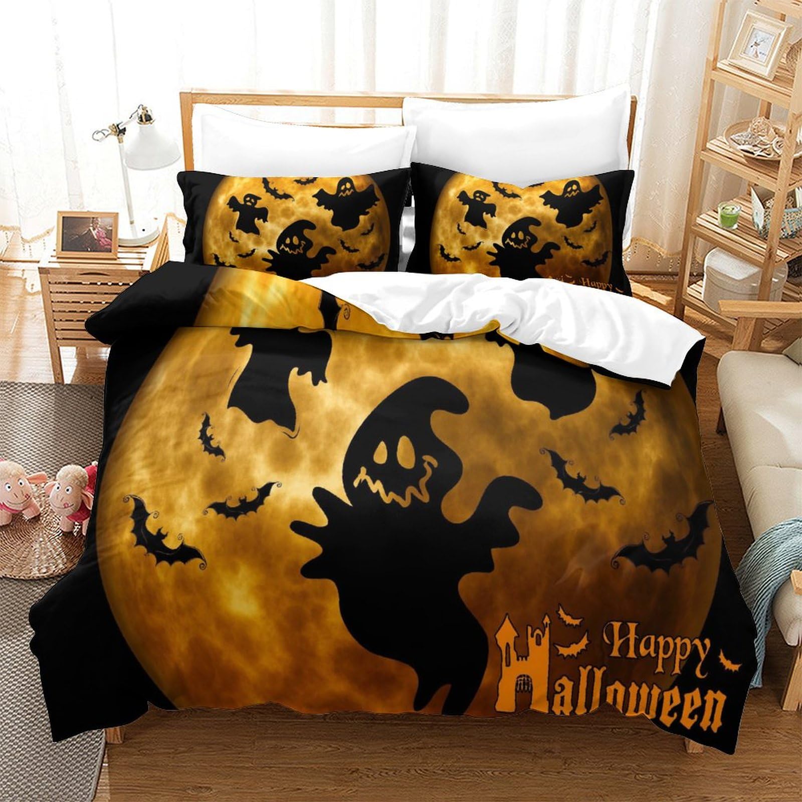 P1S9U7W5Y Halloween Themed 3D Printed Ghost Pumpkin Duvet Cover Set 3pcs Microfiber Bedding Set SuperKing