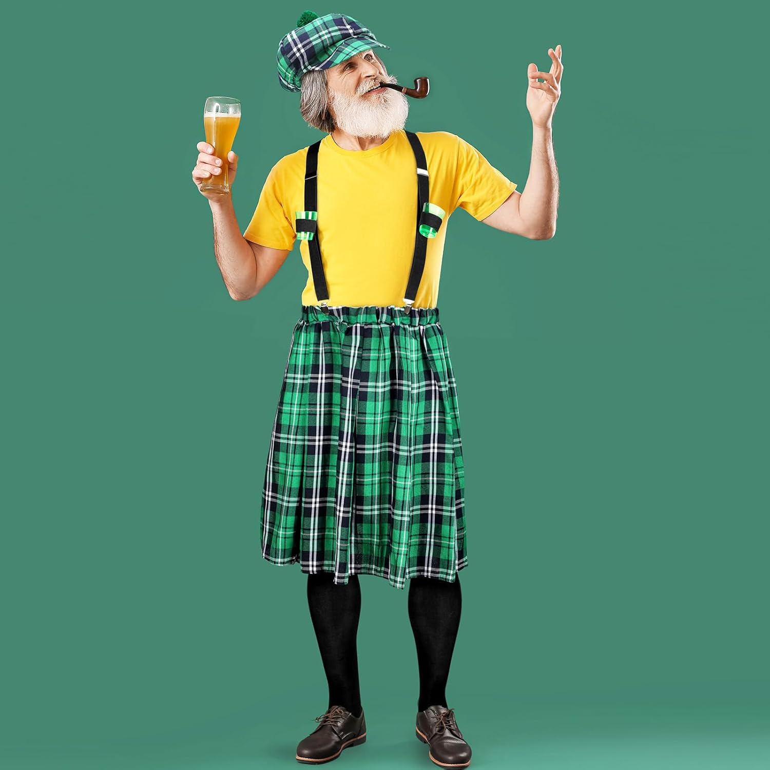 Pasimy St Patrick's Day Costumes Kit Include Adult Irish Plaid Green Kilt Suspenders with Cups Hat Sock for Men Women