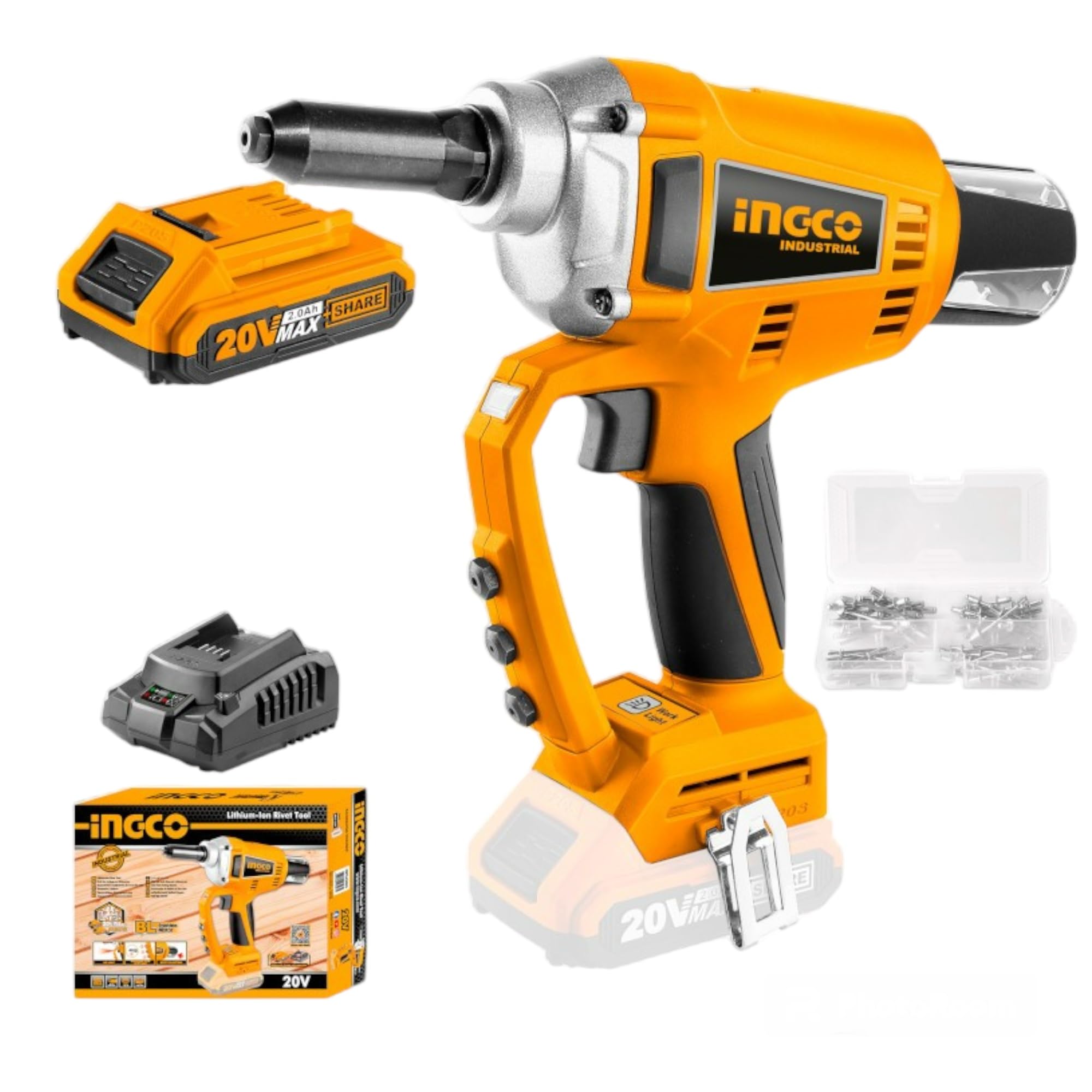 INGCO CRTLI20051 Rivettatrice a batteria 20V 2.0Ah al litio motore induzione Brushless con luce led forza di trazione max 20.000N include caricabatterie e 100 rivetti