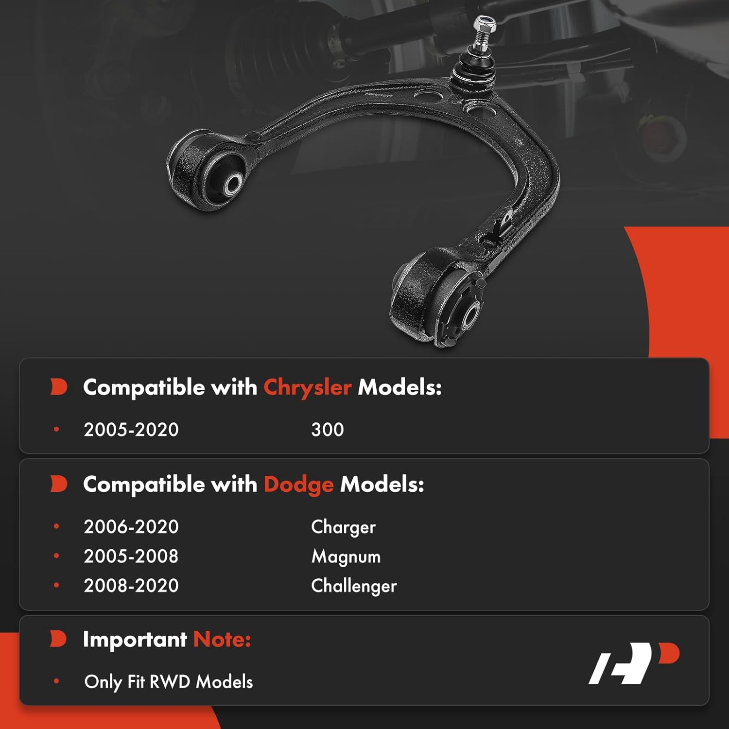 A-Premium Front Right Upper Control Arm, with Ball Joint & Bushing, Compatible with Dodge Charger 2006-2020, Challenger 2008-2020, Magnum 2005-2008, Chrysler 300 2005-2020, RWD