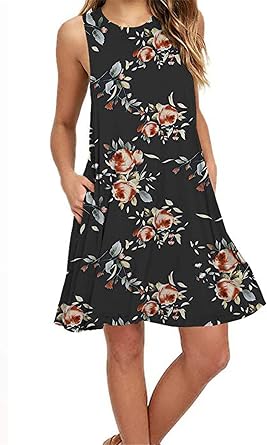 YMING Womens Sleeveless Floral Print Tank Dress Summer Loose Tunic Dresses Casual Mini Dress with Pocket