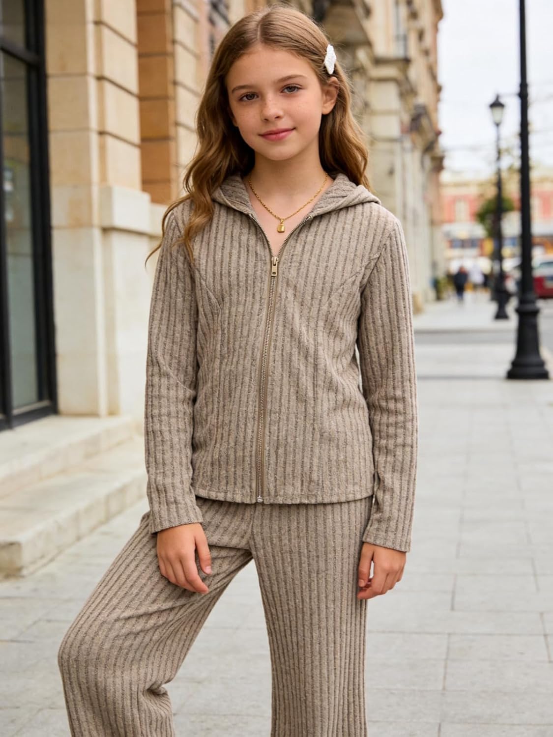 Size 7-14Y Girls Clothes 2 Piece Hooded Zip Cardigan Top Wide Leg Pants Spring Fall Sets - Image 3