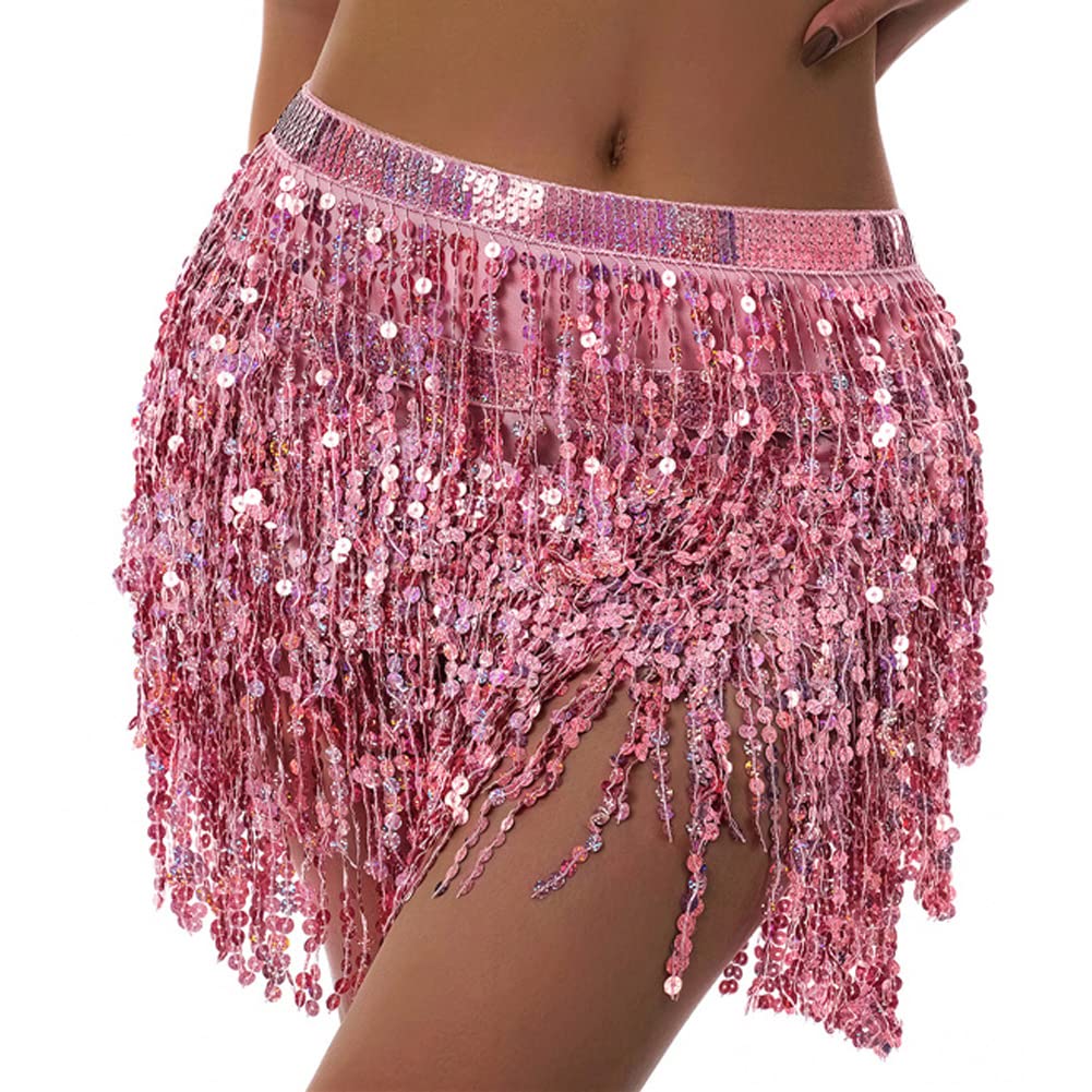 Sequin Fringe Sparkly Skirt for Women Belly Dance Hip Scarf Rave Stripper Party Skirts (Pink)