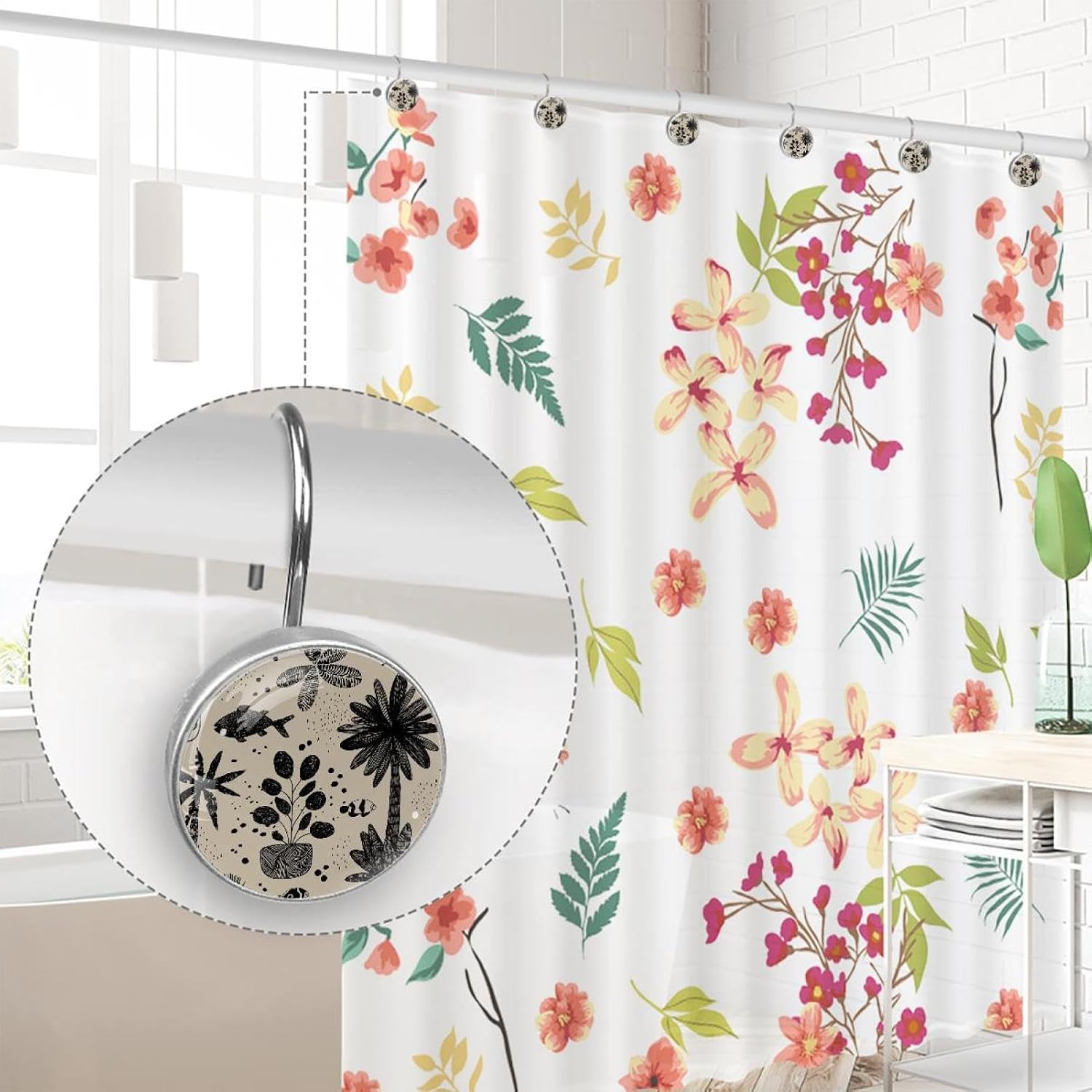 Set of 12 Shower Curtain Hooks, Shower Curtain Rings Crystal Glass Decorative Bathroom Hook, Abstract Flowers Palm Trees