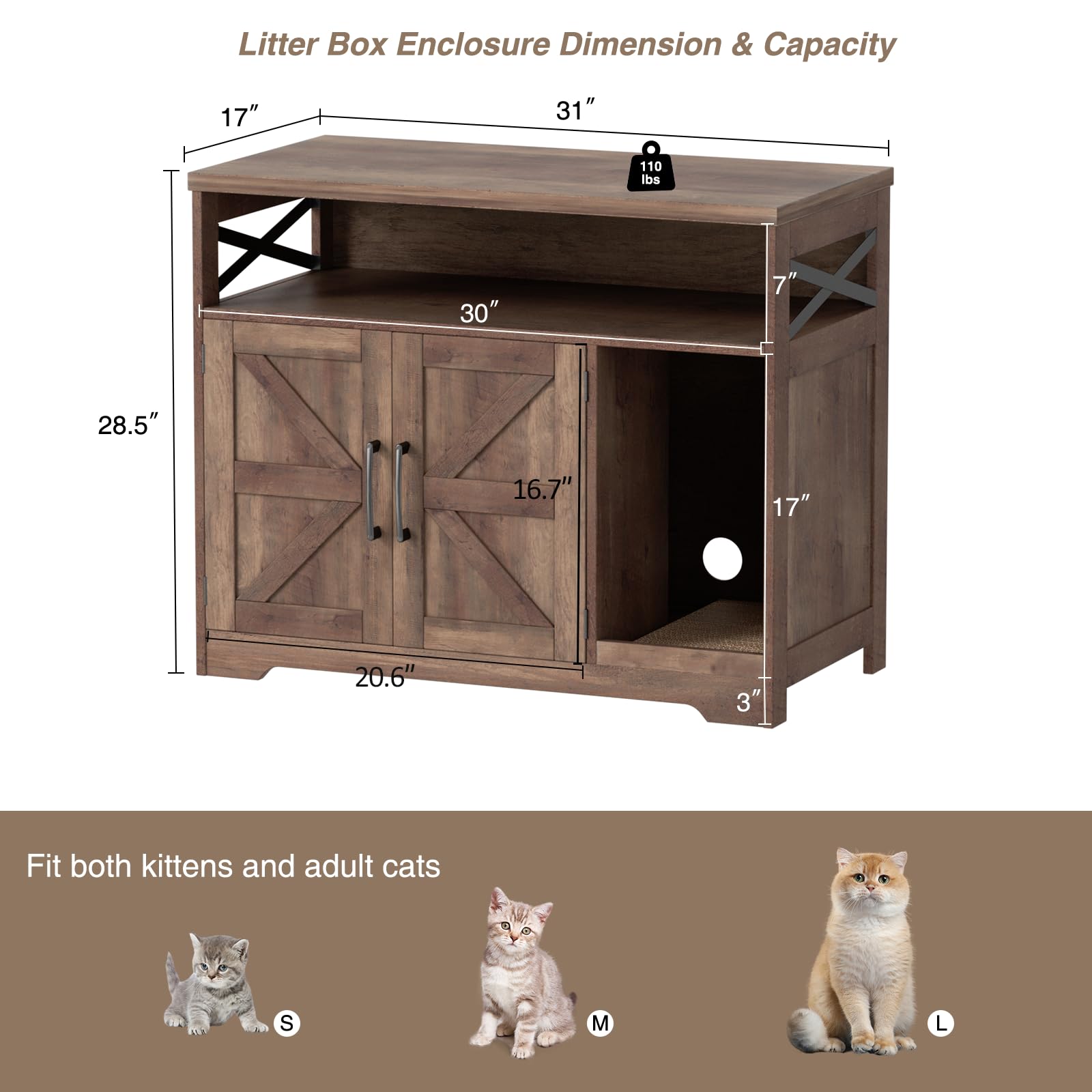 Cat Litter Box Enclosure, Hidden Litter Box Furniture with Scratch Pad, Farmhouse Indoor Cat House Washroom End Table, Retro Brown - image 2