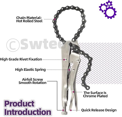 Miniatura 6 de Swpeet 2 alicates de abrazadera de cadena de bloqueo de acero de aleación resistente de 9 pulgadas con cadena de 20 pulgadas, herramienta de filtro