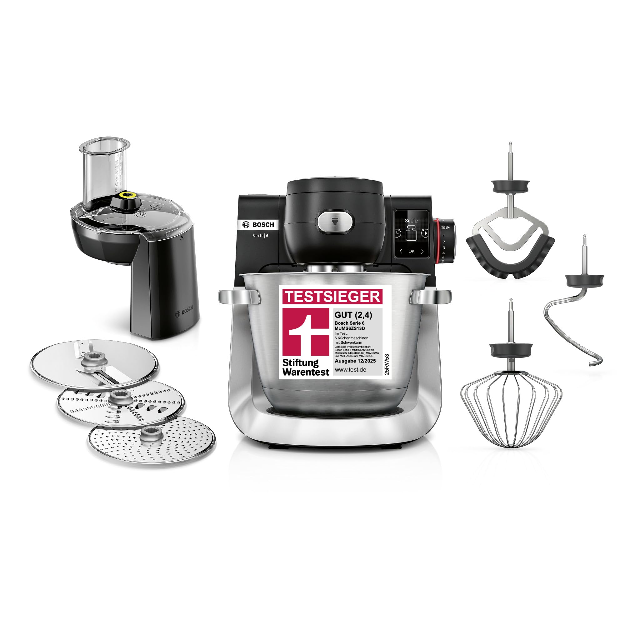 Bosch Küchenmaschine Serie 6, 7 Automatikprogramme, integr. Waage, 5,5l Schüssel, Durchlaufschnitzler, Scheiben, Knethaken/Rührbesen/Silikonbesen, spülmaschinenfest, 1600 W, silber/schwarz, MUMS6ZS13D