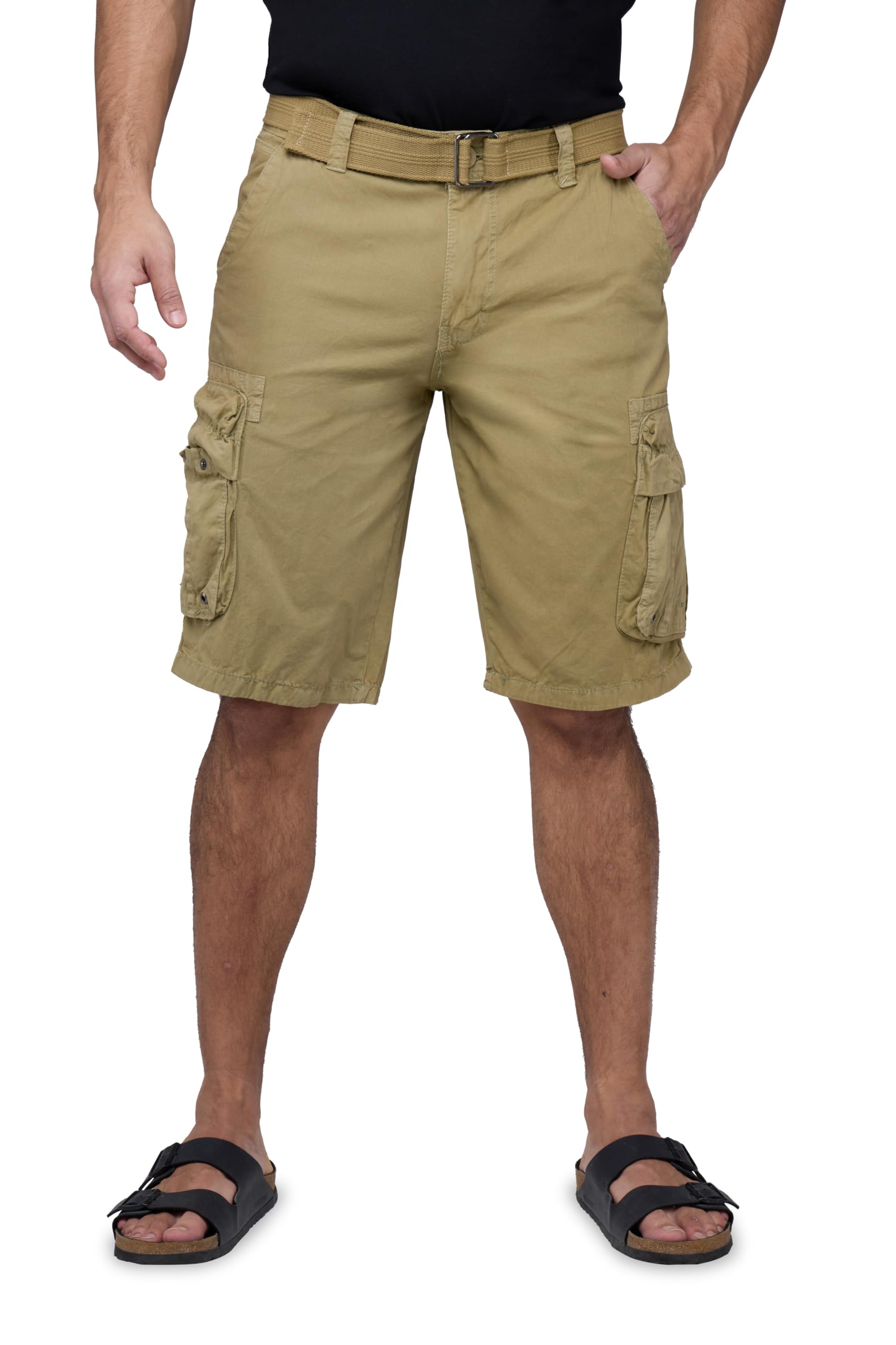 RAW X Mens Belted Cargo Shorts, Relaxed Fit Casual Knee Length Cargo Shorts for Men (Big and Tall Shorts for Men), Hidden Snap Pocket - Light Khaki, 42