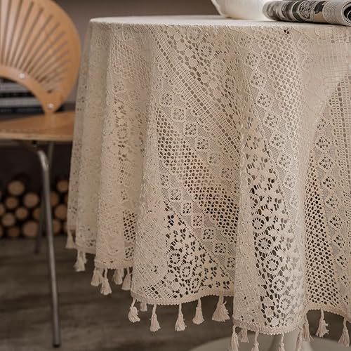 Miniatura 9 de Mantel bohemio hecho a mano con diamantes de ganchillo, mantel de lino bordado beige para boda, mantel rectangular elegante para decoración de mesa