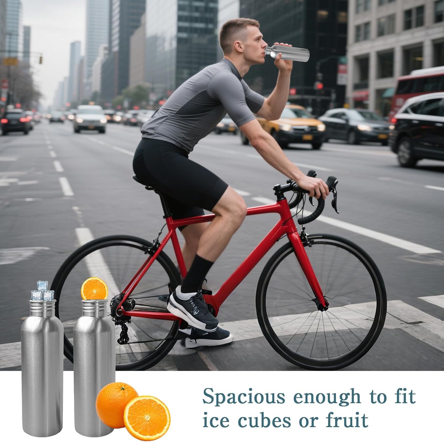 6 Pack Uninsulated Single Walled Sports Water Bottle with Cleaning Brush 304 18/8 Stainless Steel Camping Water Bottle for Cyclists Runners Hikers (34 oz)