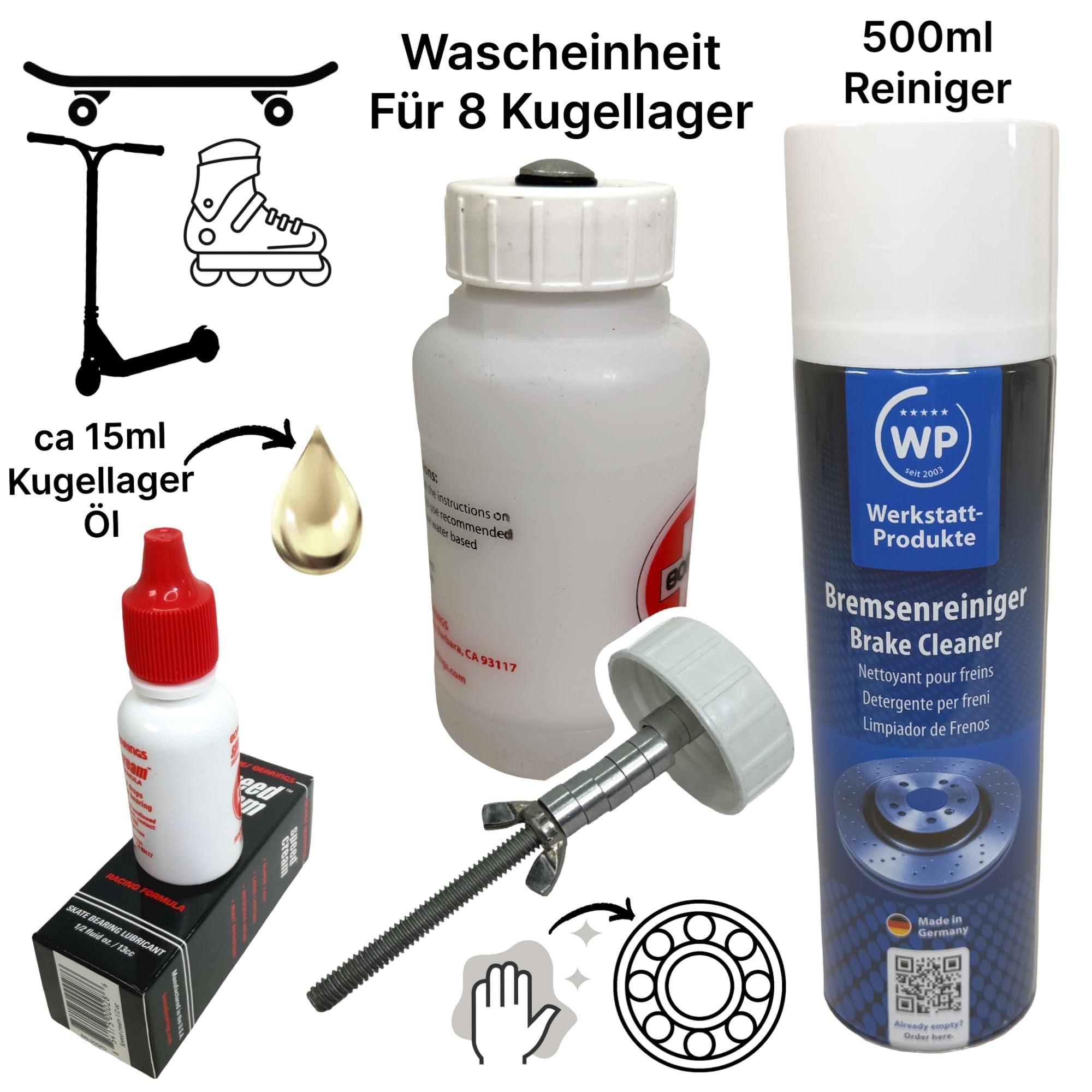 Kugellager Reiniger Öl Speed Cream Pfleg-Set für 608/627 Kugellager Longboard I Stunt-Scooter I Skateboards I Rollschuhe I Inliner, Reinigen, Service, Pflege, Wartung, Schutz