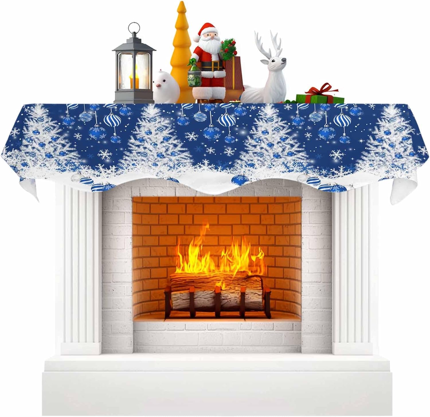 T&H XHome Christmas Mantel Scarf - Modern Fireplace Table Runner Christmas Xmas Tree Winter Blue Christmas Ball Snowflake Tabletop Scarf for Fireplace Top Runner Window Protector Decor 70"x17"