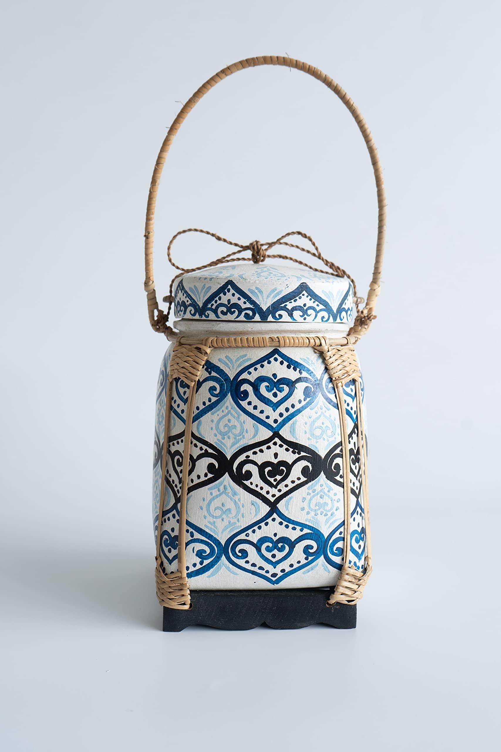 Siam Sawadee White Weaved Bamboo Rice Basket, Hand Woven Thai Rattan Jar, Handcrafted Traditional Household Wicker Container, Moroccan Pattern Painted, Handmade in Thailand, 7x12 inches
